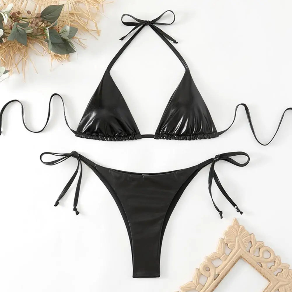 Sexy Gold Halter Lace Up Bikini Set for Women - 2 Piece Swimwear with Beach Cover Up | Perfect for Pool Parties, Beach Vacations & Summer Getaways