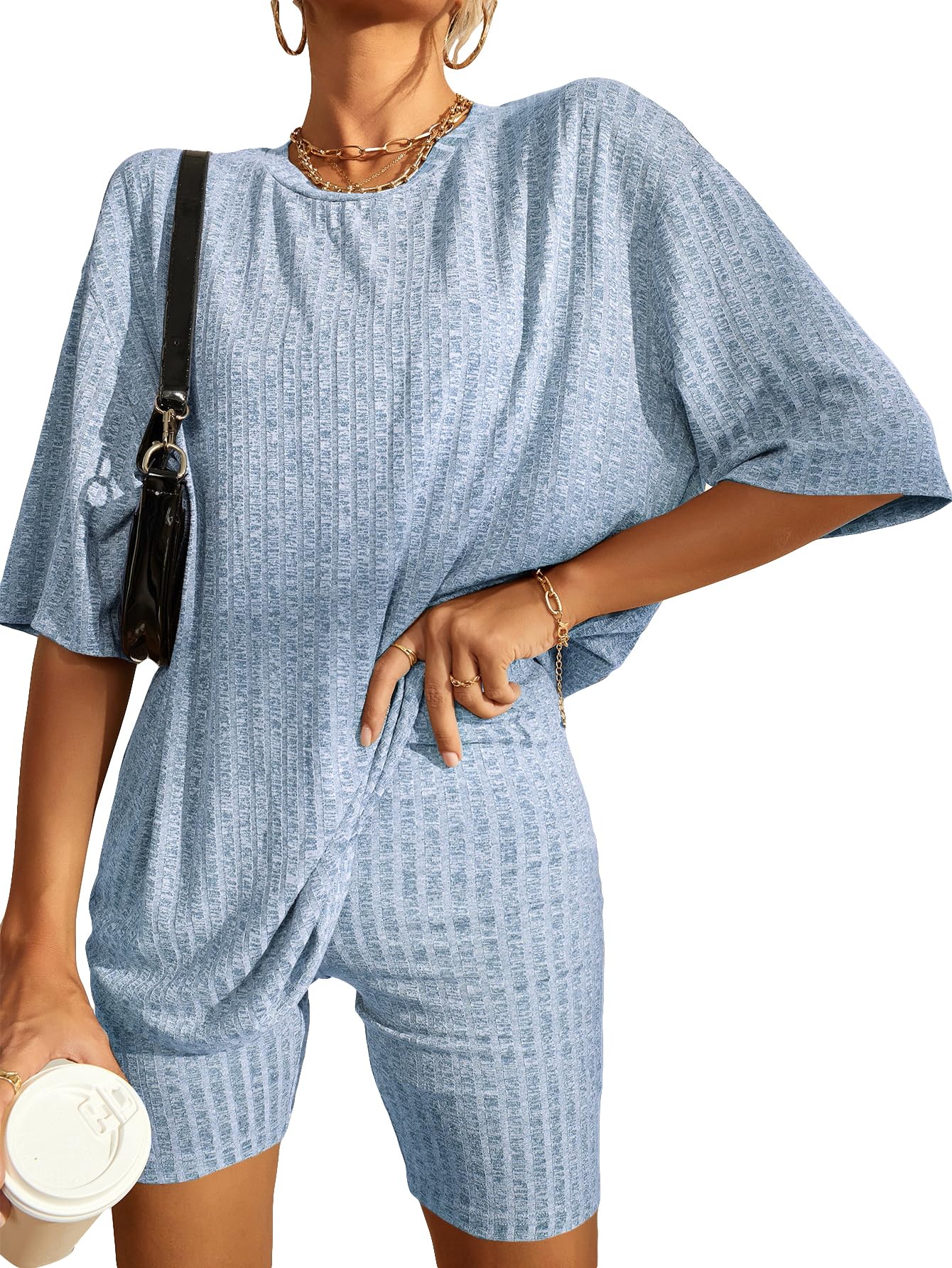 WDIRARA Women's 2 Piece Outfit - Ribbed Short Sleeve Drop Shoulder T-Shirt & High Waist Shorts Set | Summer Casual Tracksuit for Lounge, Gym, Yoga & Streetwear Fashion