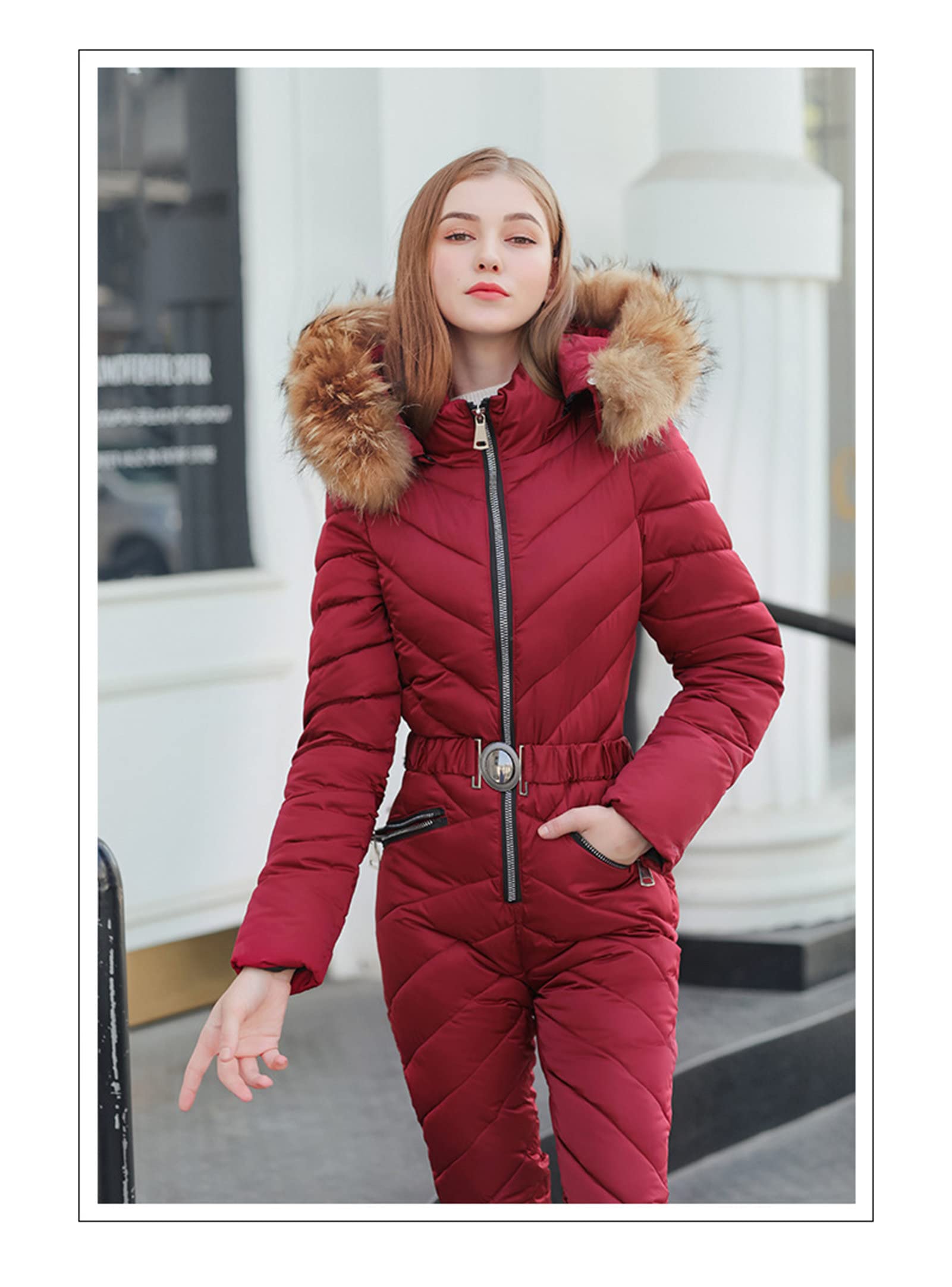 Women's Winter Jumpsuit - Lightweight Warm Windproof Ski Suit with Fur Hood & Collar - Waterproof Snow Coat for Skiing, Snowboarding & Outdoor Winter Activities