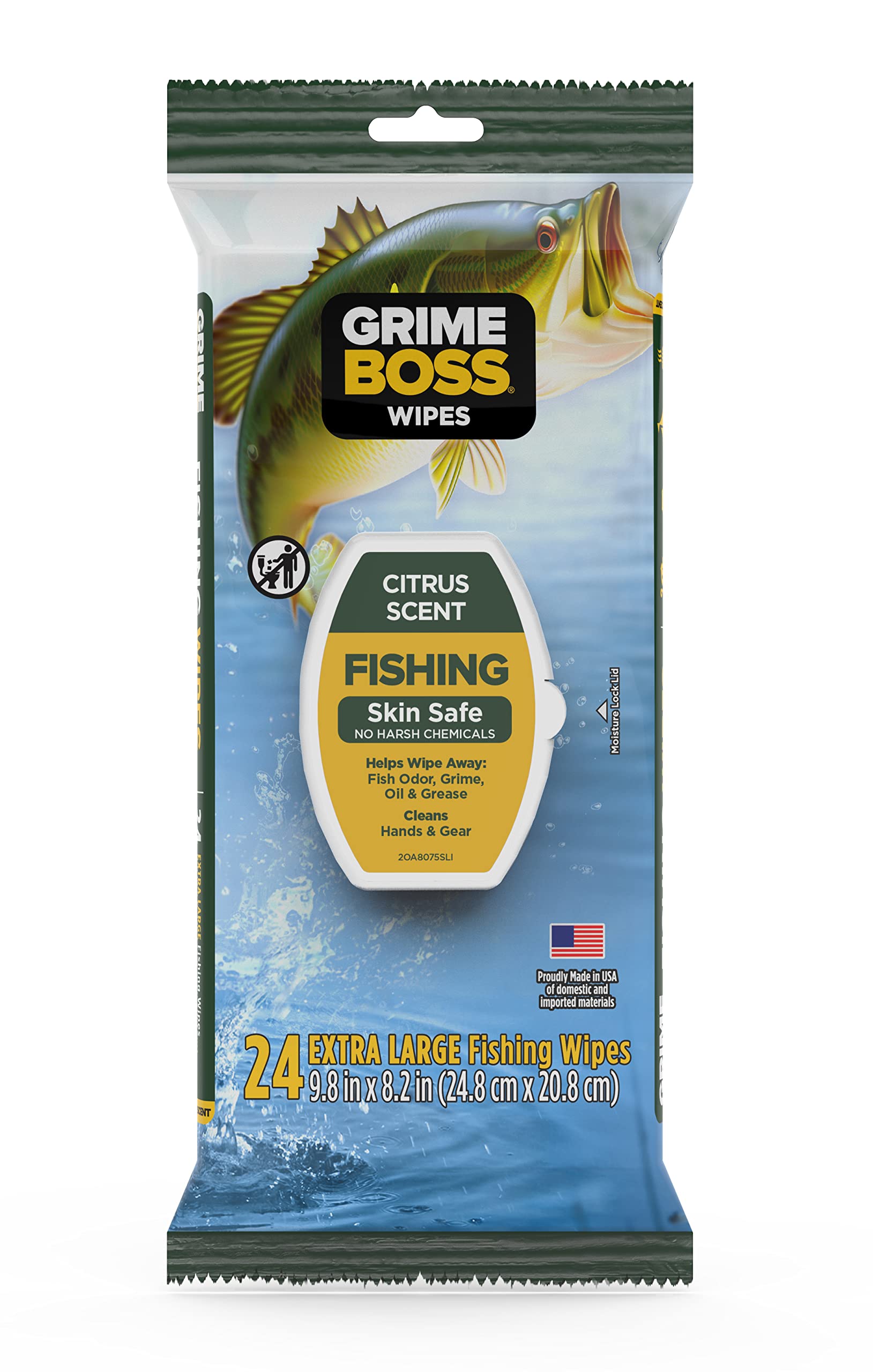 Grime Boss Fishing Wipes (5 Packs of 24 Count) - Heavy Duty Hand & Gear Cleaning Wipes for Anglers - Removes Dirt, Oil & Fish Odor from Hands, Rods, Reels & Tackle Boxes - Perfect for Freshwater & Saltwater Fishing Trips