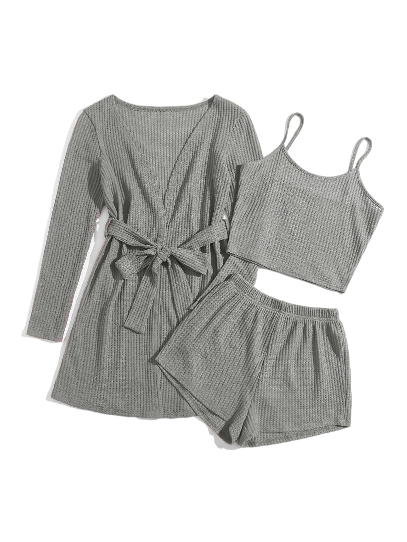 Milumia Women's 3-Piece Waffle Knit Pajama Set with Robe, Cami Top & Shorts - Soft Sleepwear & Loungewear for Relaxing at Home or Vacation