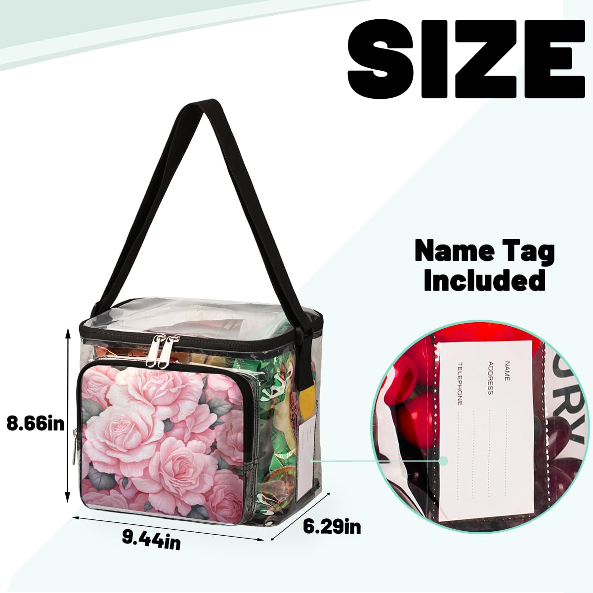 GzLeyigou Clear Transparent Tote Bag with Pink Rose Flowers - Valentine's Day Shoulder Bag for Women, Crossbody Purse for Outdoor Travel, Picnic, Concerts & Sports Events (Stadium Approved) - Perfect for Date Night, Beach Outings and Festival Accessories