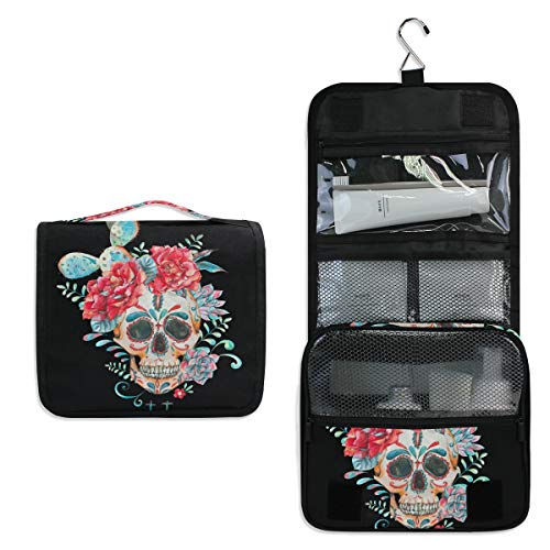 Bardic Hanging Travel Toiletry Bag - Large Capacity Cosmetic Organizer with Flower Cactus Sugar Skull Design | Portable Makeup Bag for Women | Perfect for Travel, Gym, Camping & Daily Use