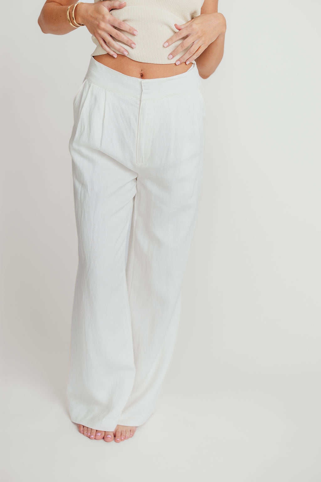 Sylvia Wide Leg Pants for Women - High Waisted Linen Blend Trousers in Off White | Comfortable & Stylish for Office, Casual Outfits & Summer Wear