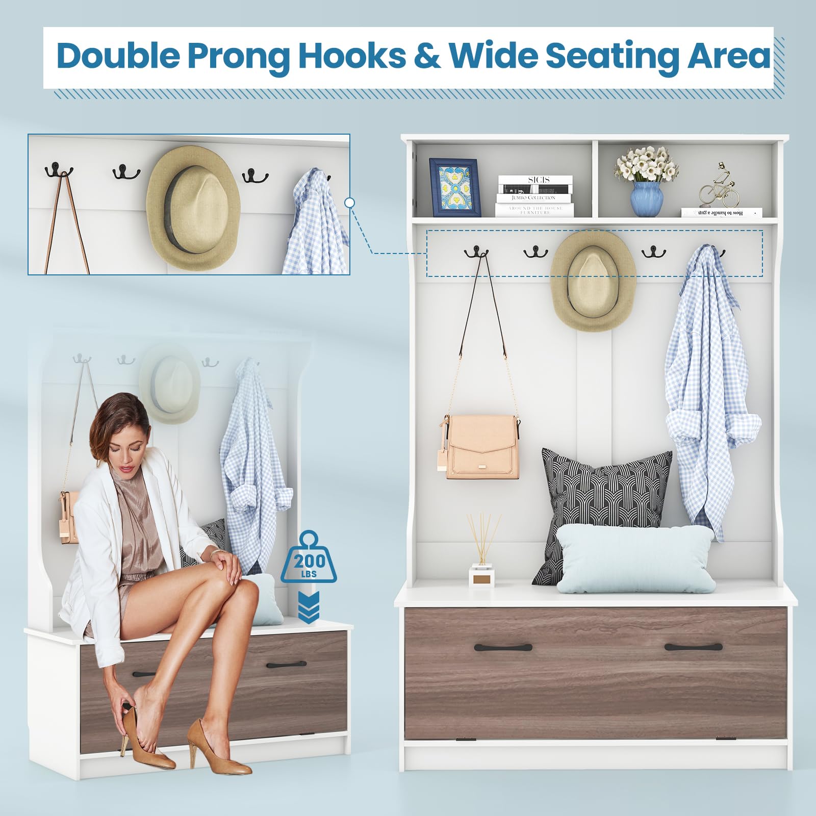 **Tangkula Hall Tree with Coat Rack & Storage Bench - 5 Double Hooks, Freestanding Entryway Organizer for Home, Bedroom, Mudroom - White | Perfect for Small Spaces, Entryway Storage & Shoe Organization**