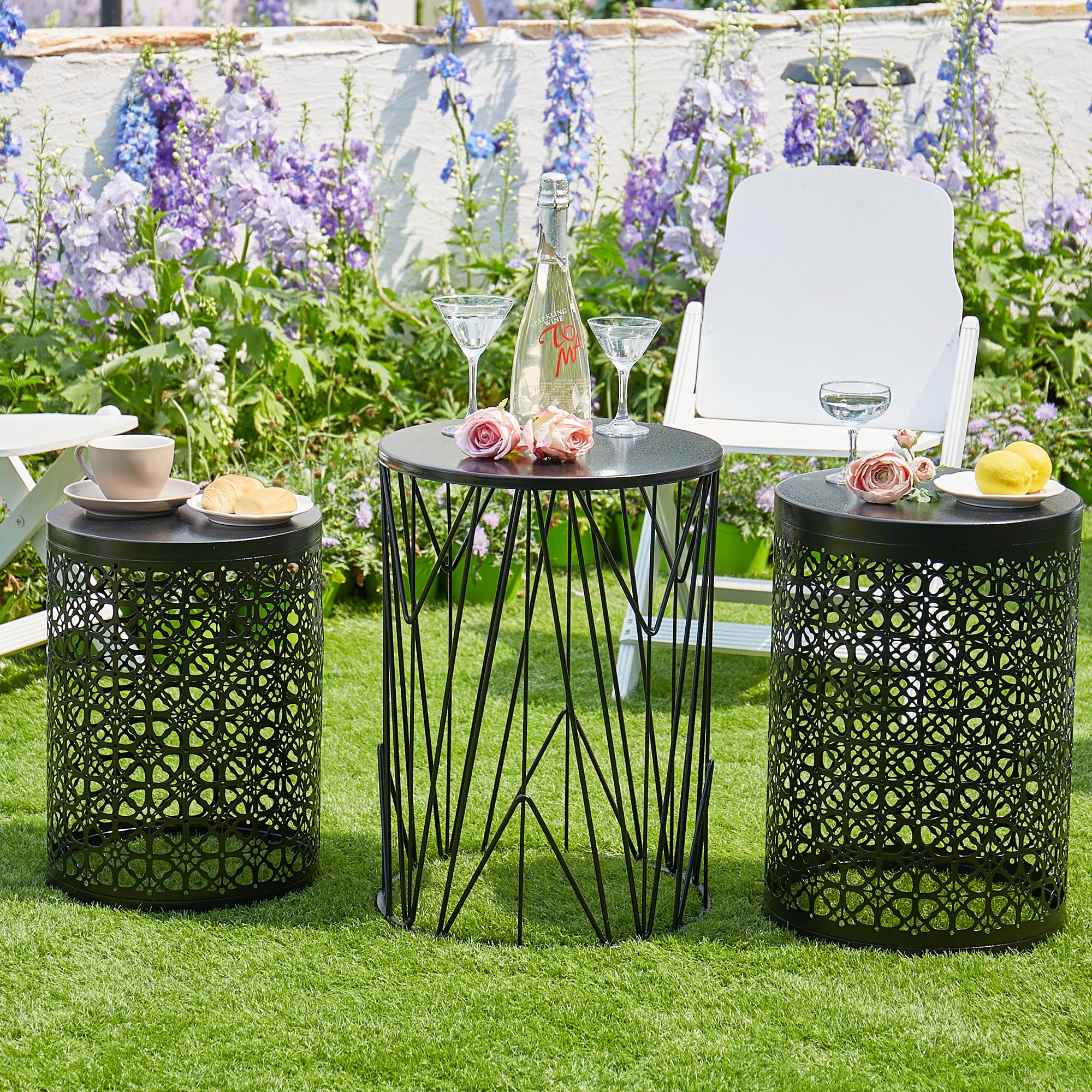 Y&M Set of 3 Black Round Nesting Tables - Space Saving Coffee Table, End Table & Side Table for Living Room, Bedroom, Patio & Outdoor Garden - Carbon Black (Fast US Shipping) | Perfect for Small Spaces, Apartment Decor & Entertaining Guests