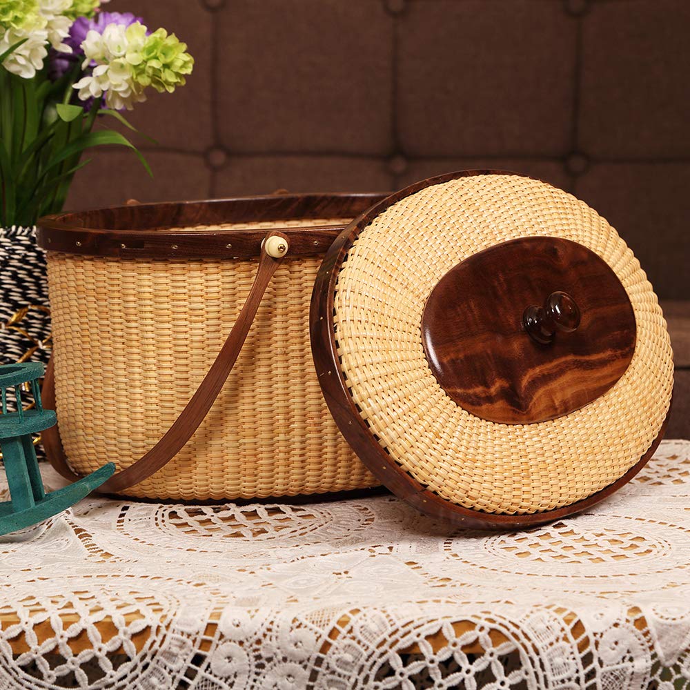 Handmade Nantucket Style Rattan Picnic Basket with Two Swing Handles - Woven Sewing Storage Tote Bag for Women | Perfect for Beach Outings, Picnics, and Home Decor