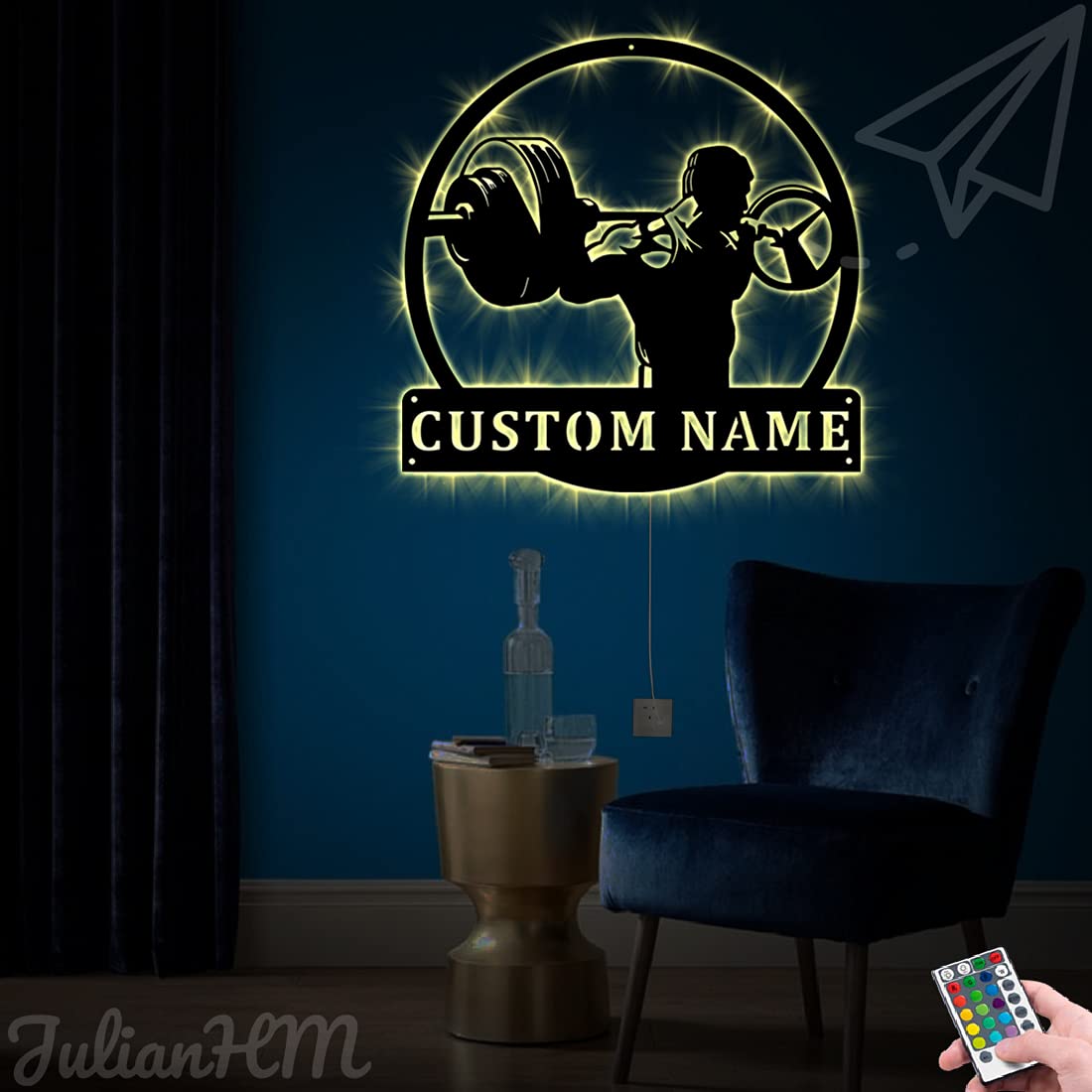 Custom Powerlifting LED Metal Wall Sign - Personalized Monogram Gym Decor with Lights, 24x24 Inches - Perfect for Home Gym, Weight Room & Fitness Studio Decorations