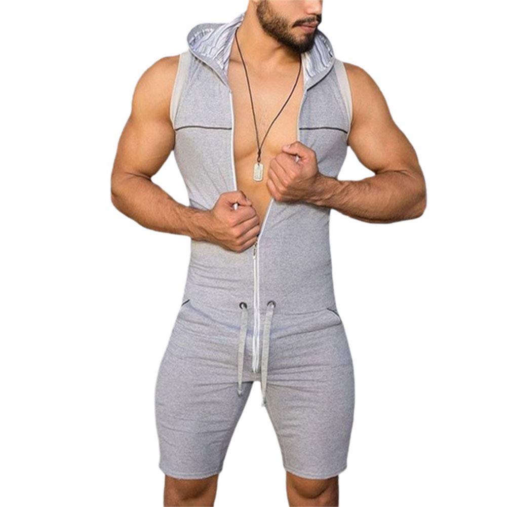 Men's One Piece Short Catsuit - Tight Fitness Playsuit with Zipper, Sleeveless Hooded Romper Pants & Pockets | Workout, Gym, Dance & Cosplay Outfit