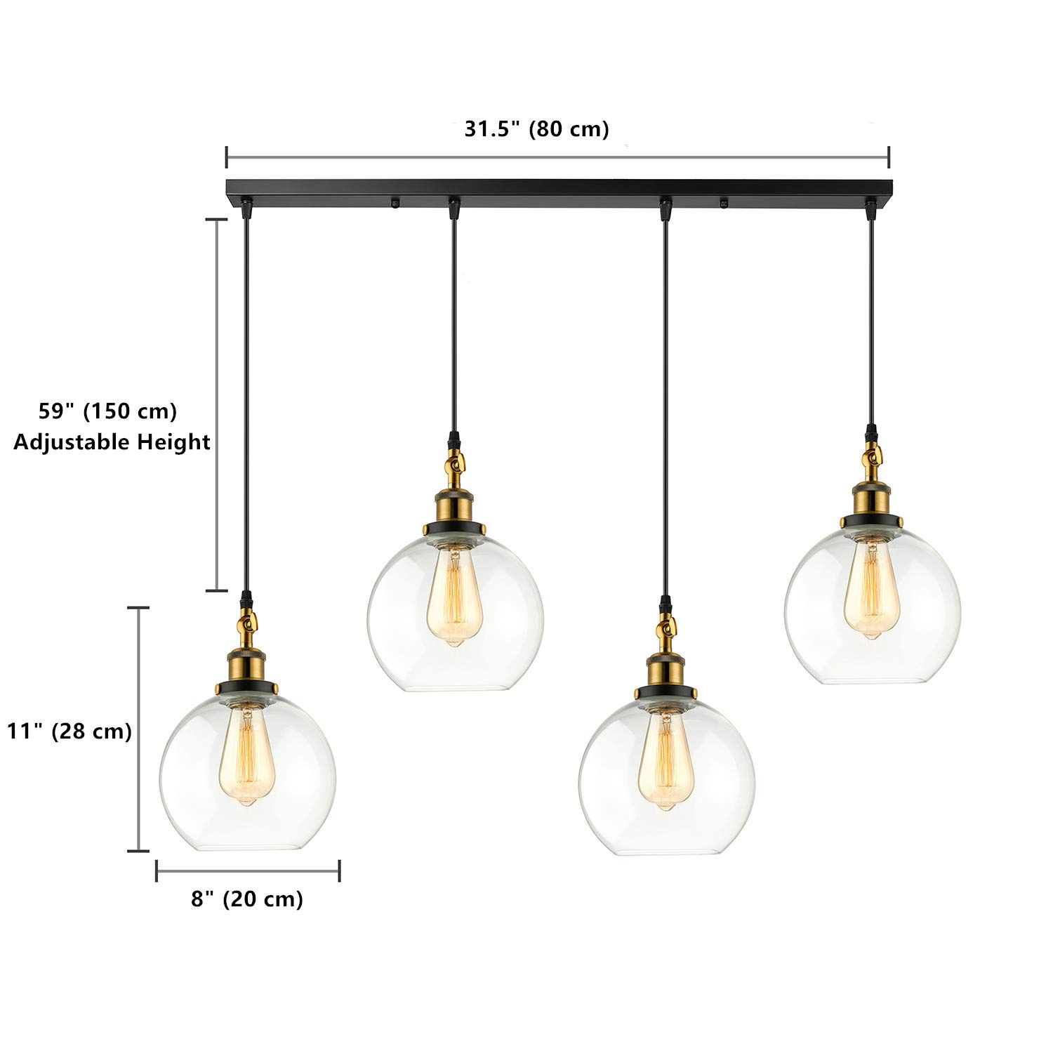 XINDAR 4-Light Industrial Linear Chandelier - Clear Glass Hanging Pendant Lighting for Kitchen Island with Antique Brass & Black Finish - Perfect for Modern Farmhouse, Industrial & Contemporary Dining Rooms