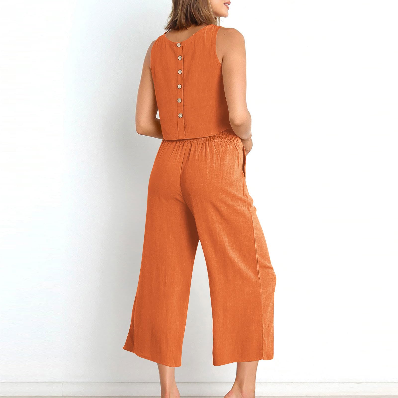 Women's 2-Piece Linen Lounge Set - Summer Crop Top & High Waist Wide Leg Capri Pants Outfit | Casual Wear, Beach Vacation, Yoga & Relaxation