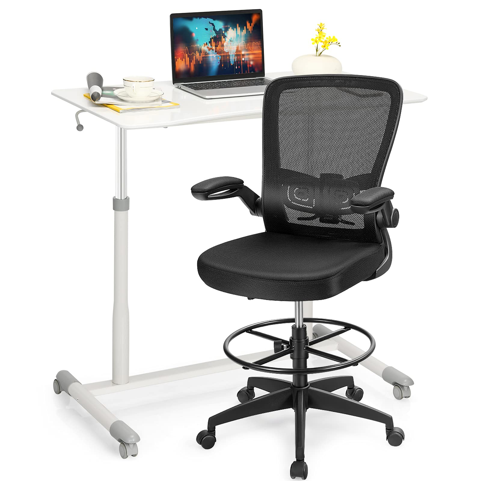 Tangkula Adjustable Height Home Office Desk & Ergonomic Chair Set with Wheels & Lumbar Support - White Computer Desk for Working, Studying, Gaming - Perfect for Small Spaces & Remote Work Setup