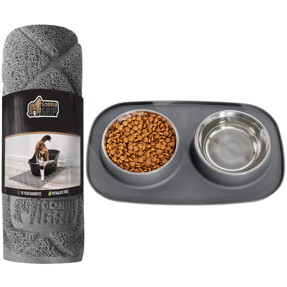 Gorilla Grip Non-Slip Cat Mat & Silicone Pet Feeding Mat with Bowls Set - 24x17 Inch Cat Mat & 1 Cup Capacity Food Mat - Gray 2-Piece Bundle for Kittens & Dogs - Perfect for Messy Eaters & Water Bowl Areas