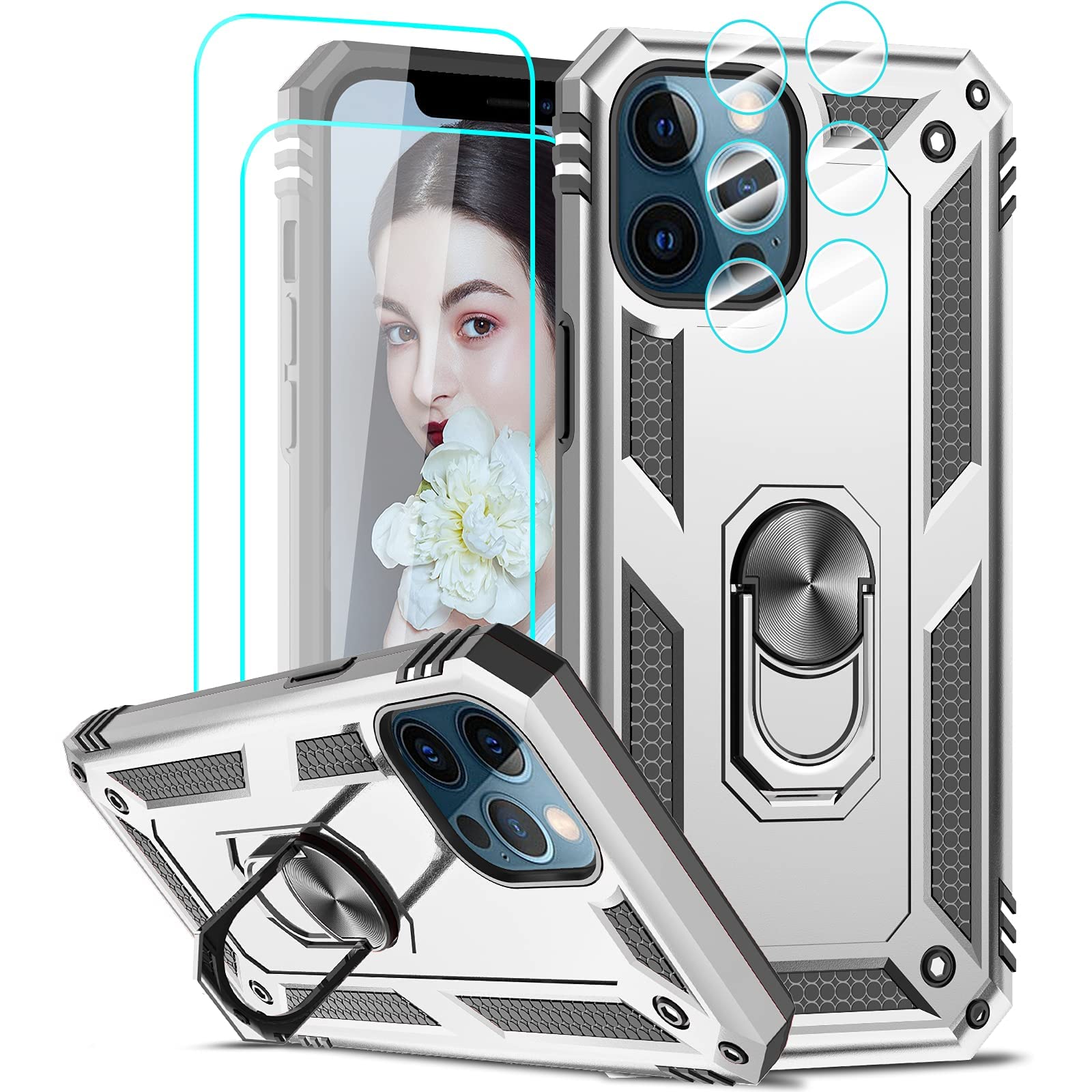 Military-Grade iPhone 12 Pro Max Case with Kickstand - 2 Pack Tempered Glass Screen Protector & Camera Lens Protector | Shockproof Protective Cover for Men & Women | Perfect for Outdoor, Travel & Daily Use (Silver)