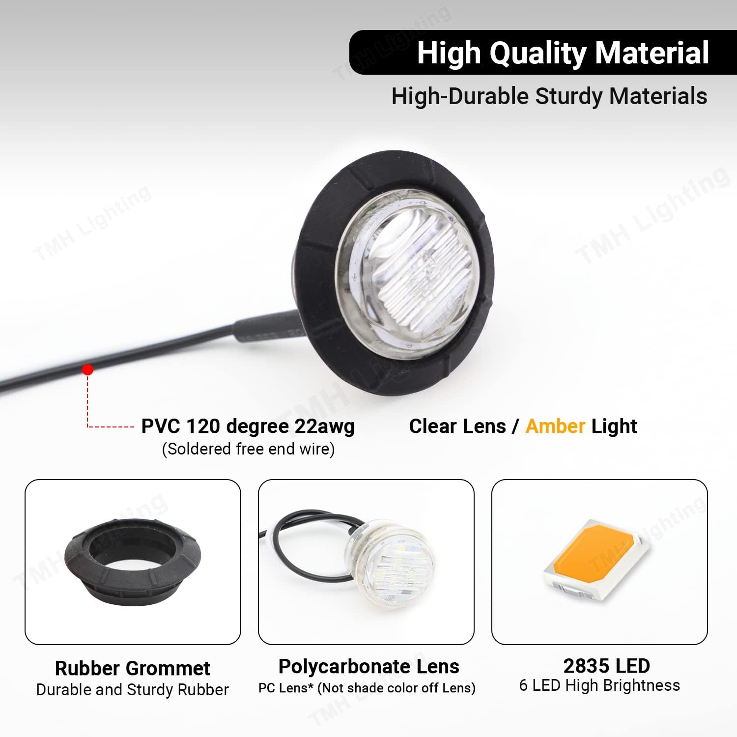 TMH 1-1/4 Inch Round 6 LED Bullet Clear Lens Amber Side Marker Lights - 12V DC Indicator & Clearance Lights for Trucks, Trailers, RVs, Buses, Mack, Dump Trucks & Pickups (10 Pack) - Perfect for Road Safety & Nighttime Visibility