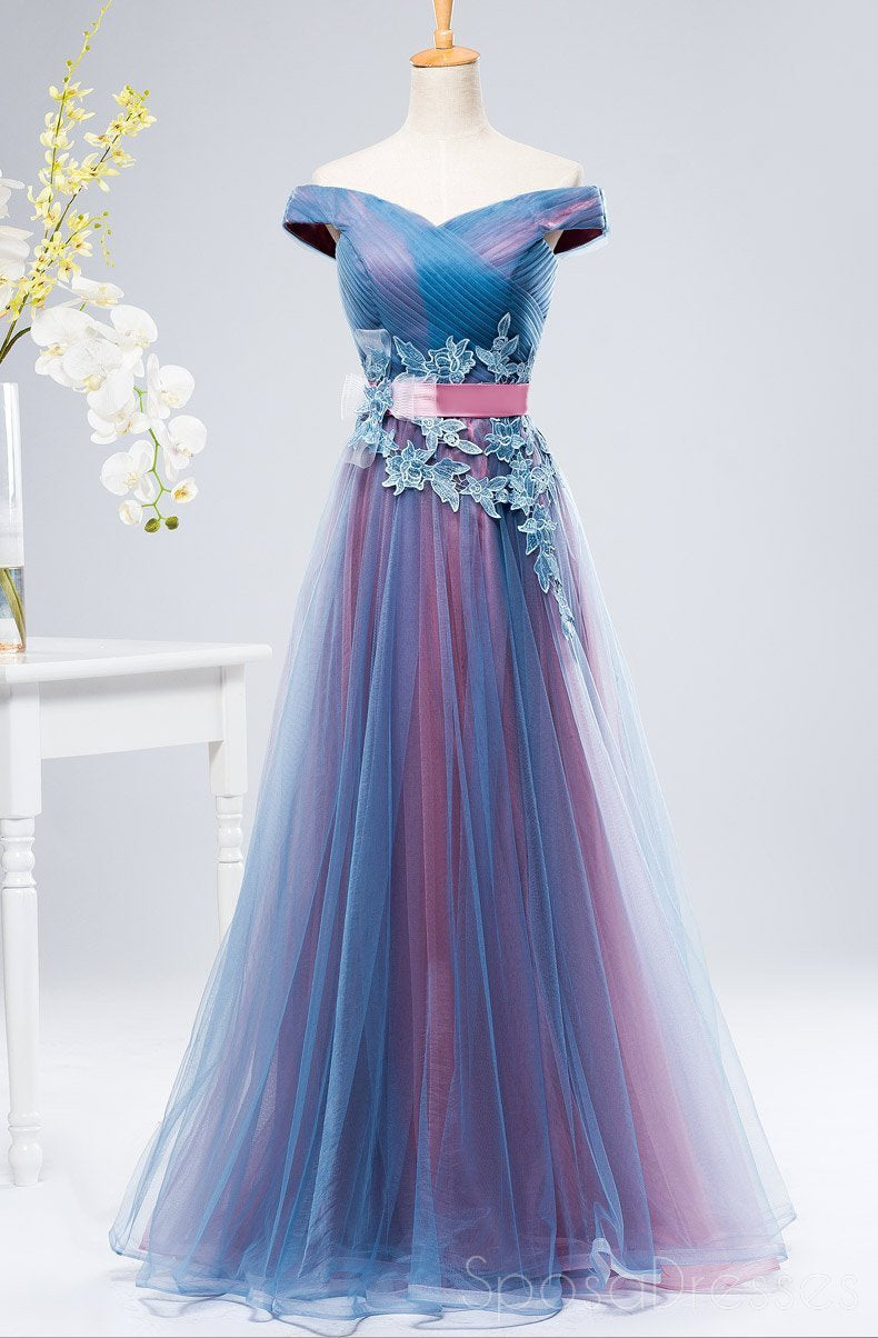 Elegant Off Shoulder Blue & Pink Tulle A-Line Long Evening Prom Dresses for Women - Perfect for Formal Events, Homecoming, and Special Occasions