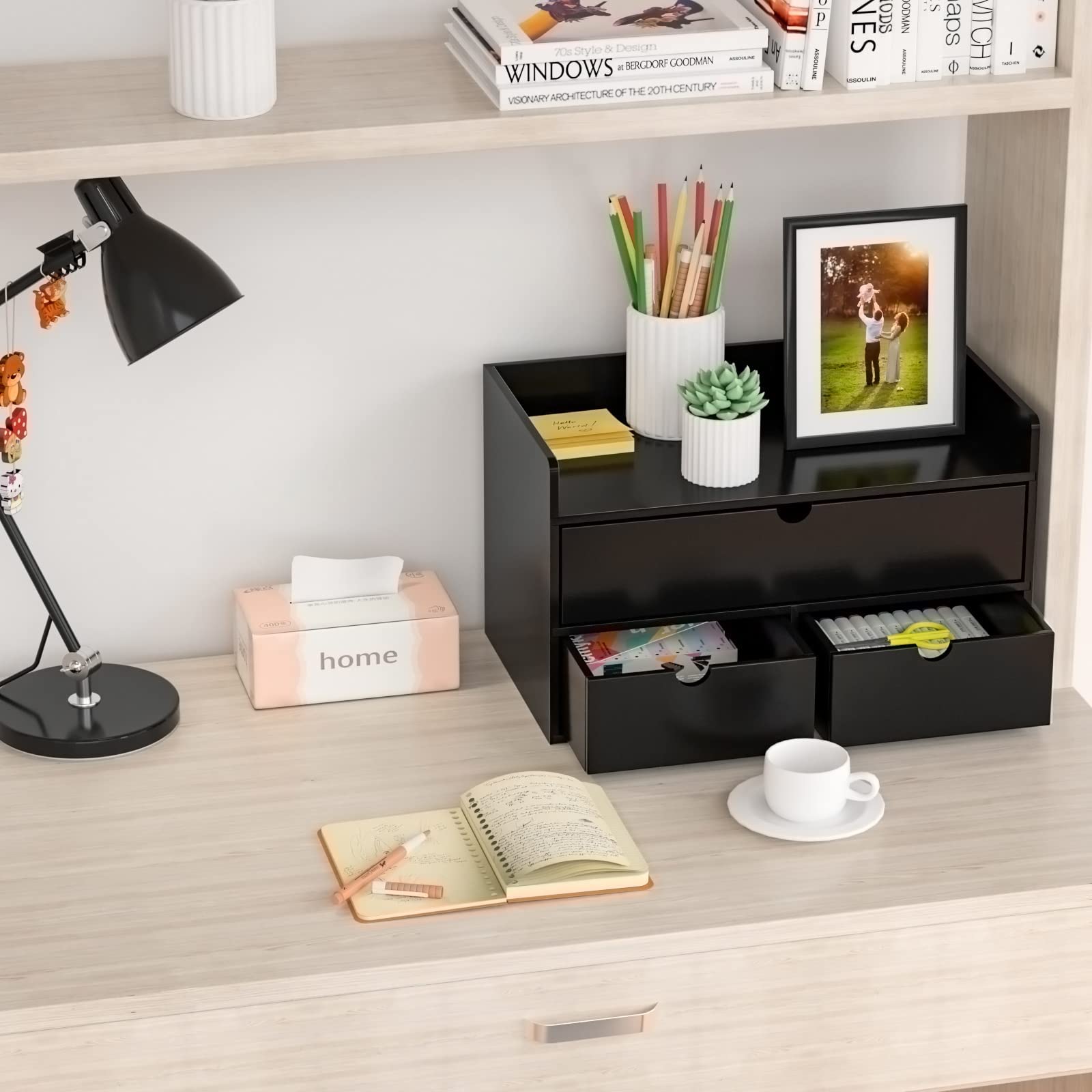 Wisuce Bamboo Desk Organizer with Shelf - Mini Desktop Drawer Organizer for Office, Home & Makeup Storage | Perfect for Organizing Pens, Cosmetics & Small Items on Work Desk or Vanity Table