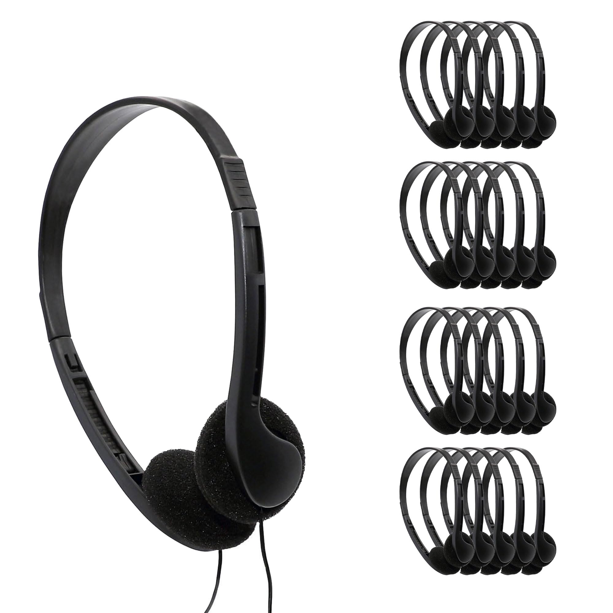 Avid Products AE-08 50 Pack Black Disposable On-Ear Headphones with 3.5mm Plug - Bulk Headphones for Schools, Gyms, Airlines & Events