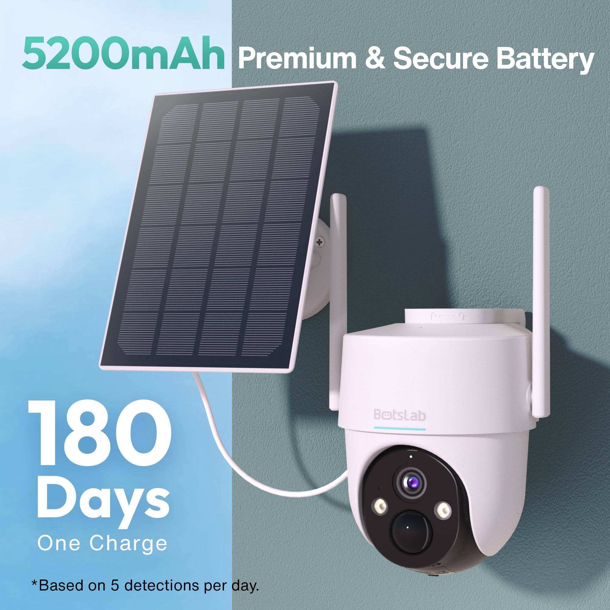 BOTSLAB 2K Solar Security Camera Wireless Outdoor - 360° PTZ Surveillance Camera with Color Night Vision, AI & PIR Motion Detection, 2-Way Audio, 2.4G WiFi, IP65, Alexa & Google Home Compatible - Ideal for Home Security, Backyard Monitoring, and Business Property Protection