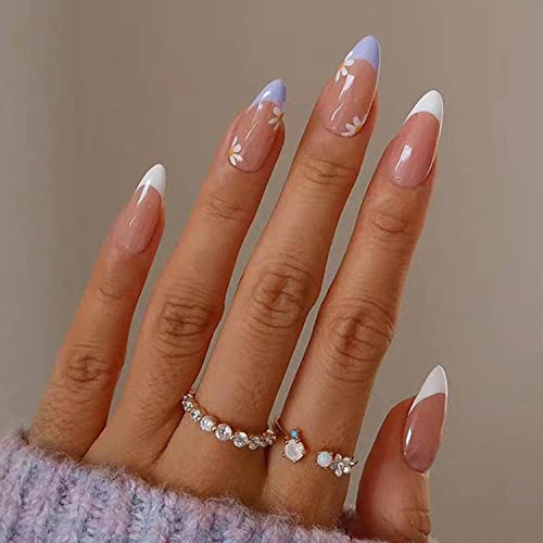 24Pcs Glossy Almond Press-On Nails with Floral Print - Cute Oval Purple French Tip Fake Nails, Full Cover Acrylic Stick-On Nails for Women & Girls | Perfect for Parties, Weddings, and Special Occasions (Style F)