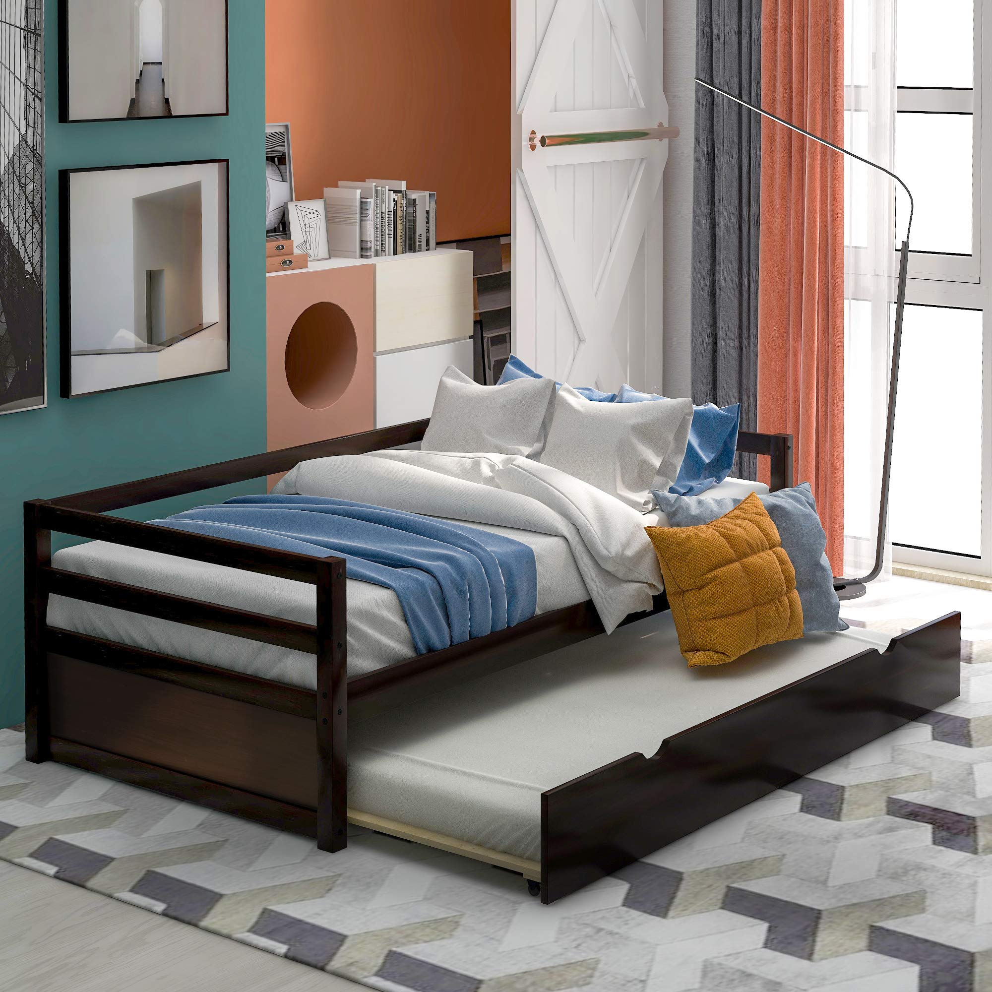 Wood Twin Daybed with Trundle - No Box Spring Needed (Espresso) for Guest Room & Small Spaces