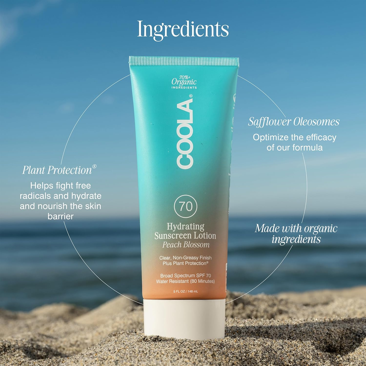 COOLA Classic Body Organic Sunscreen Lotion SPF 70 - Peach Blossom Scent | Broad Spectrum UVA/UVB Protection | Water Resistant | Vegan & Reef Safe | Perfect for Beach, Pool & Outdoor Activities