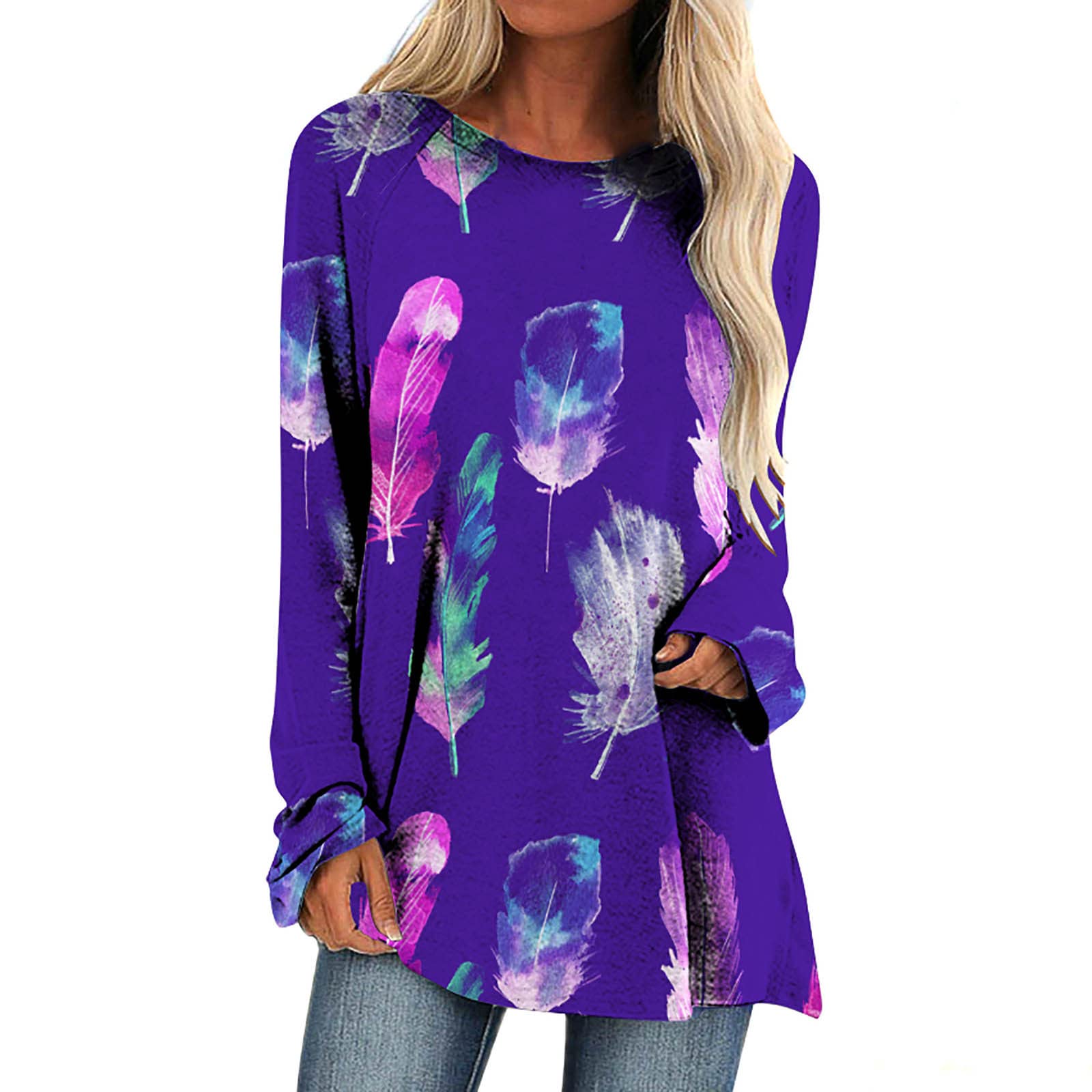 Women's Long Sleeve Workout Shirts - Feather Print Casual Pullover Tunic Tops & Blouses for Yoga, Running, and Everyday Wear