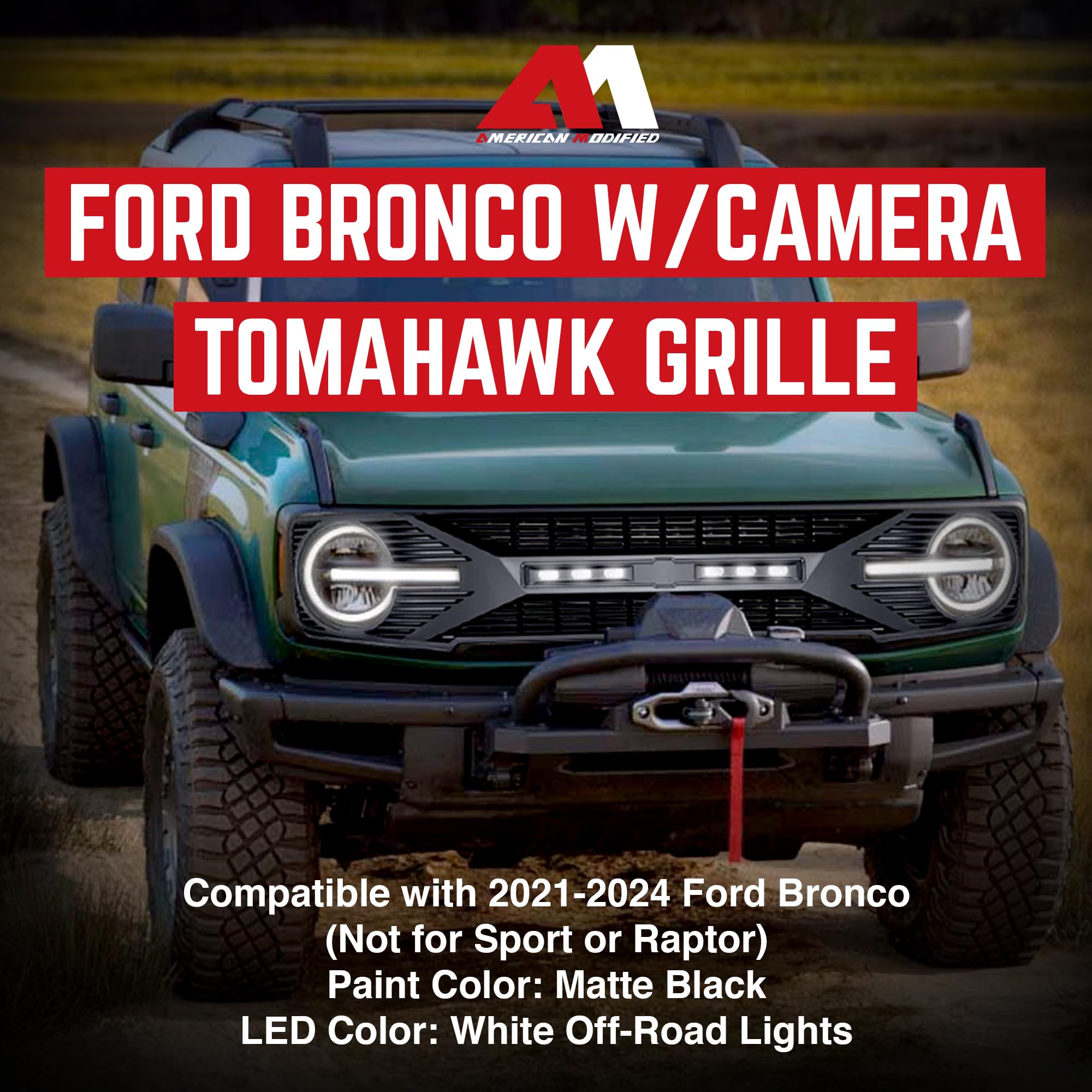 2021-2024 Ford Bronco 2 & 4 Door Matte Black Front Grille Replacement with Off-Road Lights & Camera Compatibility - Upgrade Your Bronco's Off-Road Style for Trail Adventures & Urban Driving