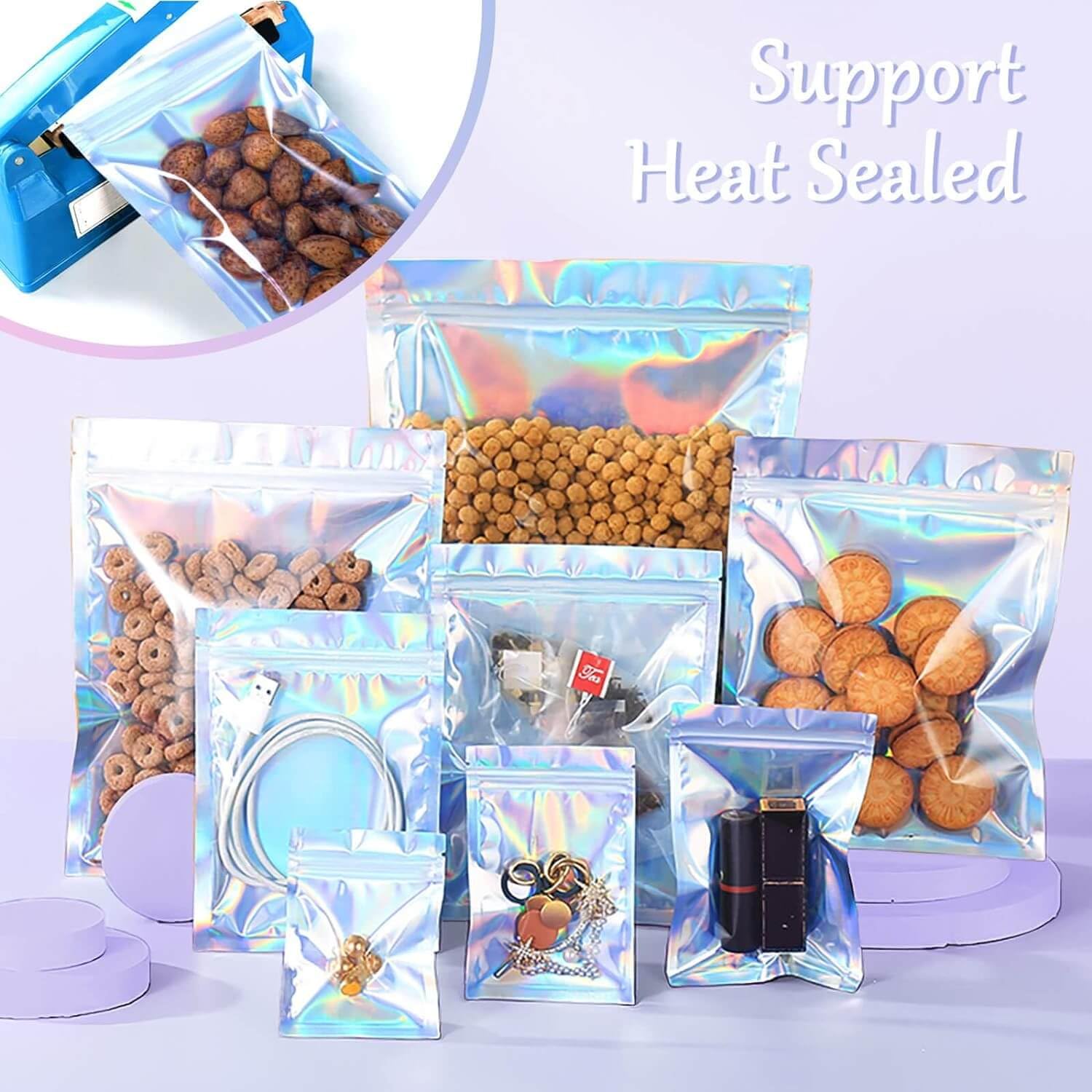 Smell Proof Bags 3.3x5 Inch - 100 Pack Resealable Holographic Mylar Bags for Food Storage, Candy, Jewelry & Cannabis Packaging | Airtight Odor Blocking Containers for Travel, Organization & Discreet Storage