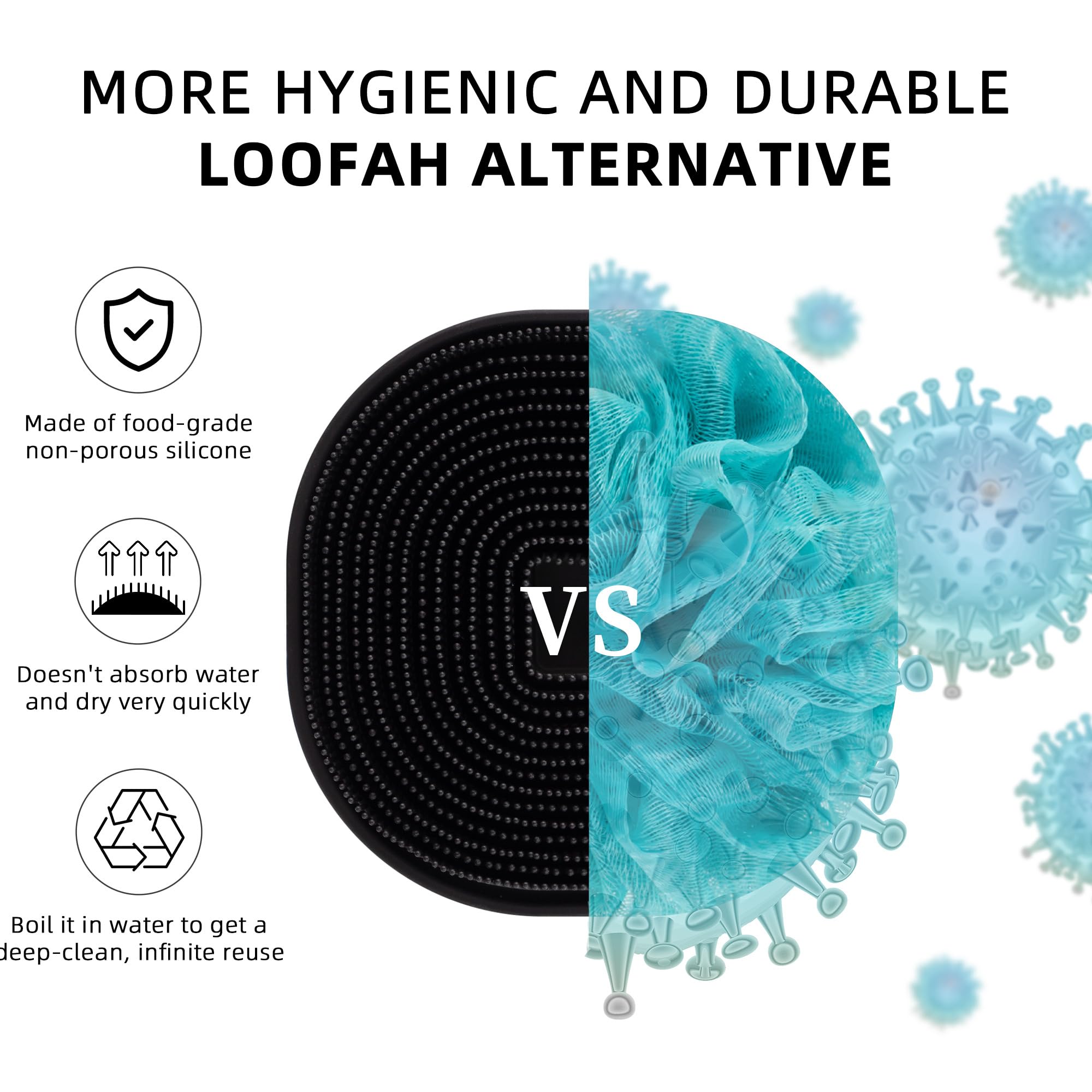 Premium Silicone Body Scrubber & Exfoliator - Gentle Massage Shower Brush with Anti-Slip Handle for Deep Cleansing & Skin Renewal | Perfect for Spa Day, Dry Skin Care & Luxury Bath Time (Black)