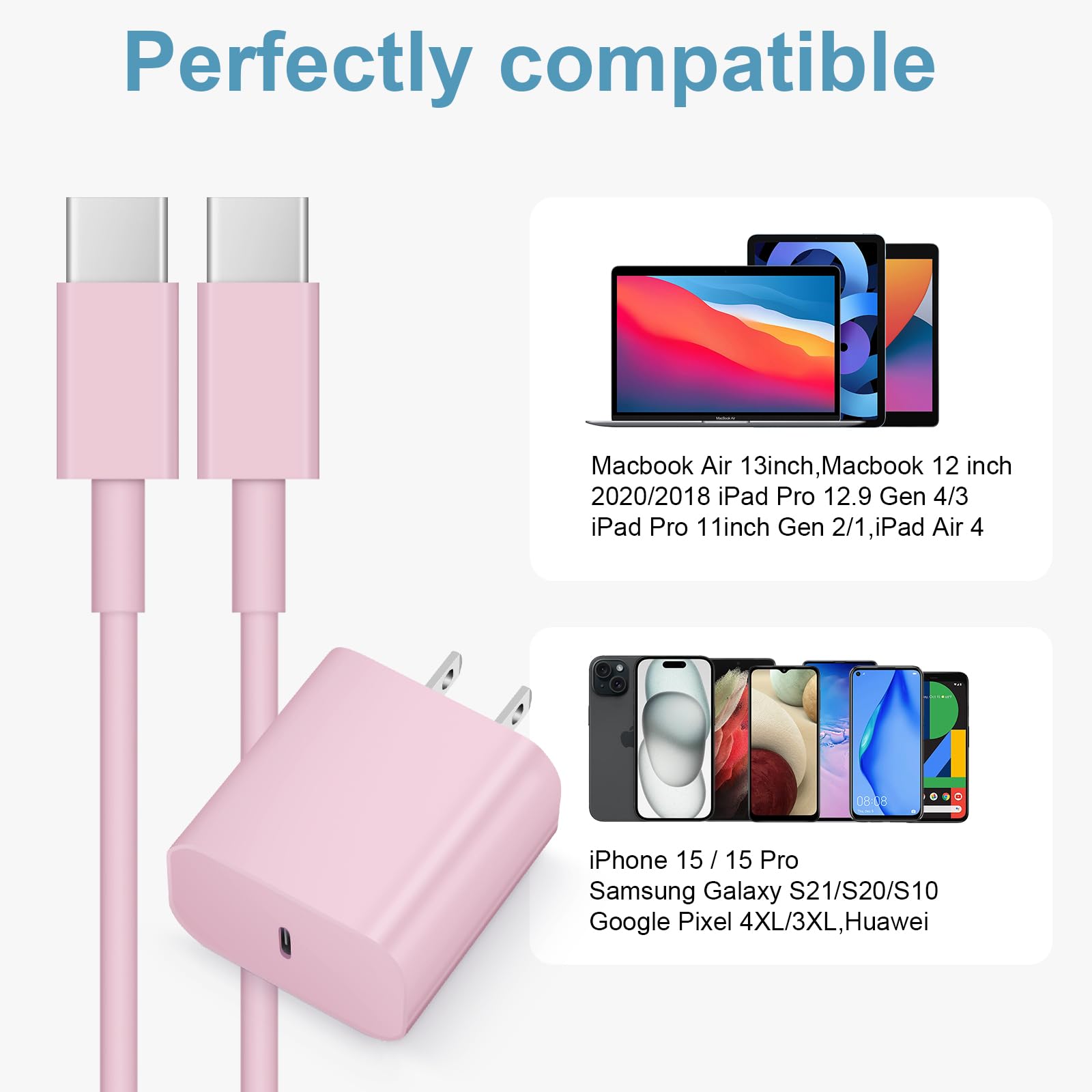 Fast Charging USB C Charger Block 2-Pack with 6FT Cord - Compatible with iPhone 16/16 Plus/16 Pro/16 Pro Max, iPhone 15/15 Pro/15 Pro Max & Samsung Devices | Quick Charge for Home, Office & Travel (Pink)
