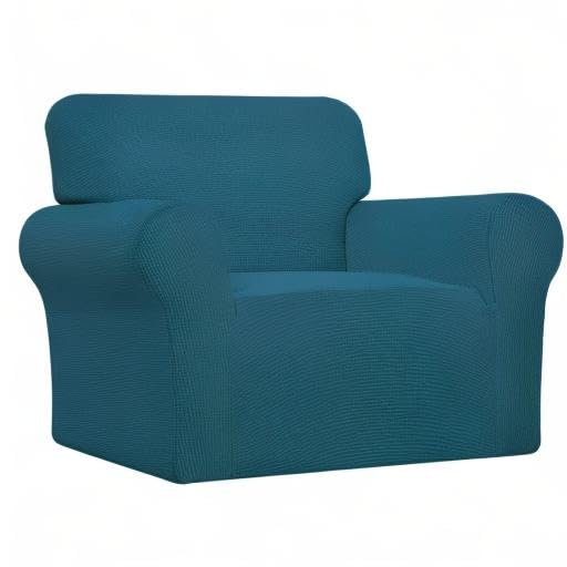 Stretch Chair Sofa Slipcover - 1-Piece Elastic Couch Cover, Soft Spandex Jacquard Fabric with Checkered Pattern - Furniture Protector for Living Room, Bedroom, Office (Peacock Blue, Chair Size) - Perfect for Homes with Kids & Pets, Easy to Install & Machine Washable