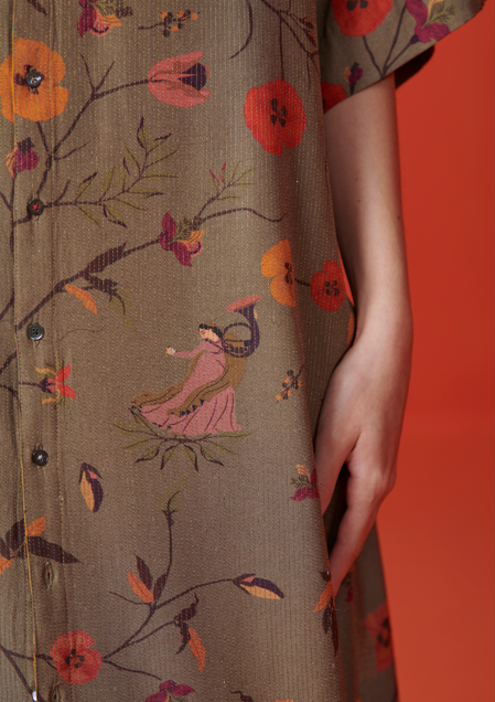 Kasturi Shirt Dress - Women's Muga Satin Olive Green Tunic Top | Perfect for Office Wear, Casual Outings & Special Occasions