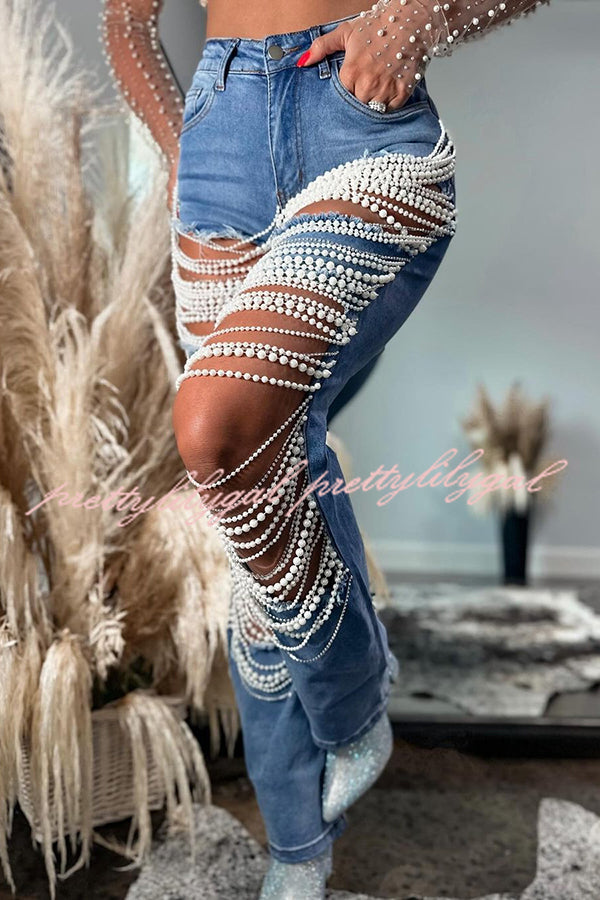Fashionable Multi-Layered Pearl Chain Ripped Pocket Straight Leg Jeans for Women | Trendy High Waist Denim Pants for Casual Outfits & Streetwear