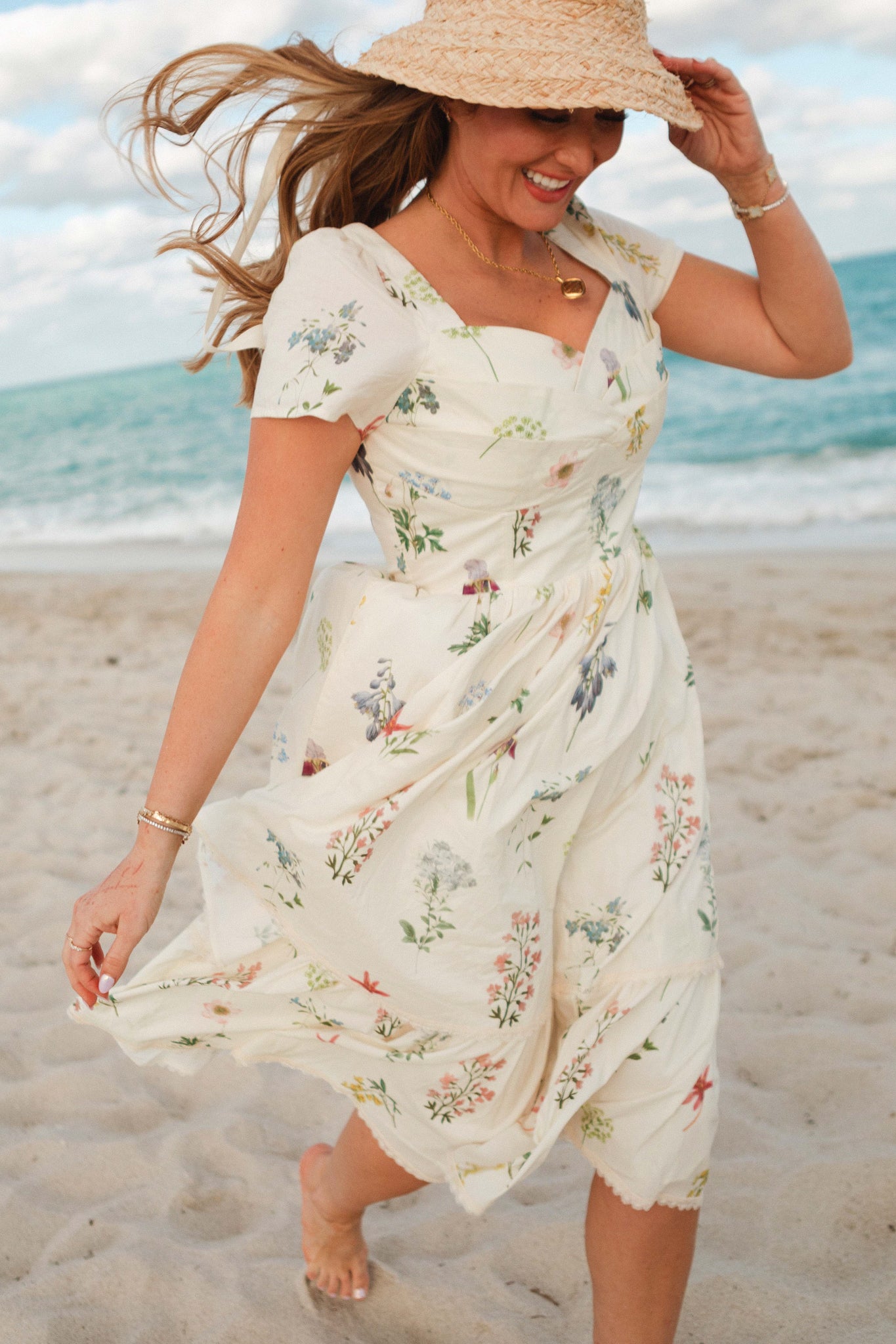 Marie Floral Print Dress in Cream - Elegant & Comfortable Women's Summer Dress for Casual Outings, Parties & Beach Vacations