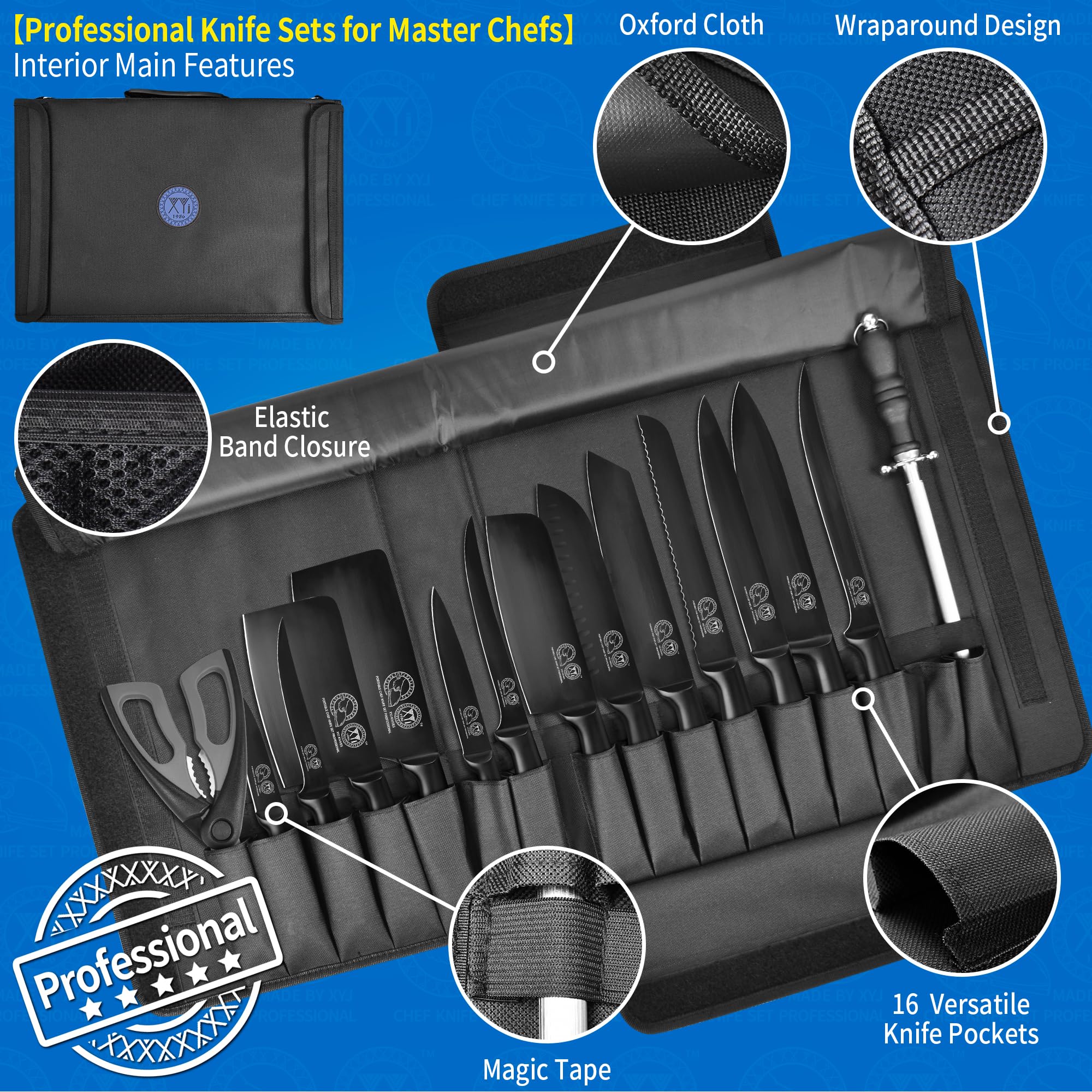 XYJ Professional Chef Knife Set - High-Quality Meat Cleaver & Butcher Knives for Camping, Cooking & Outdoor Adventures - Includes Carrying Bag - Perfect Gift for Chefs, Men & Women (Full Black) - Ideal for Home Kitchens, BBQ Parties & Camping Trips