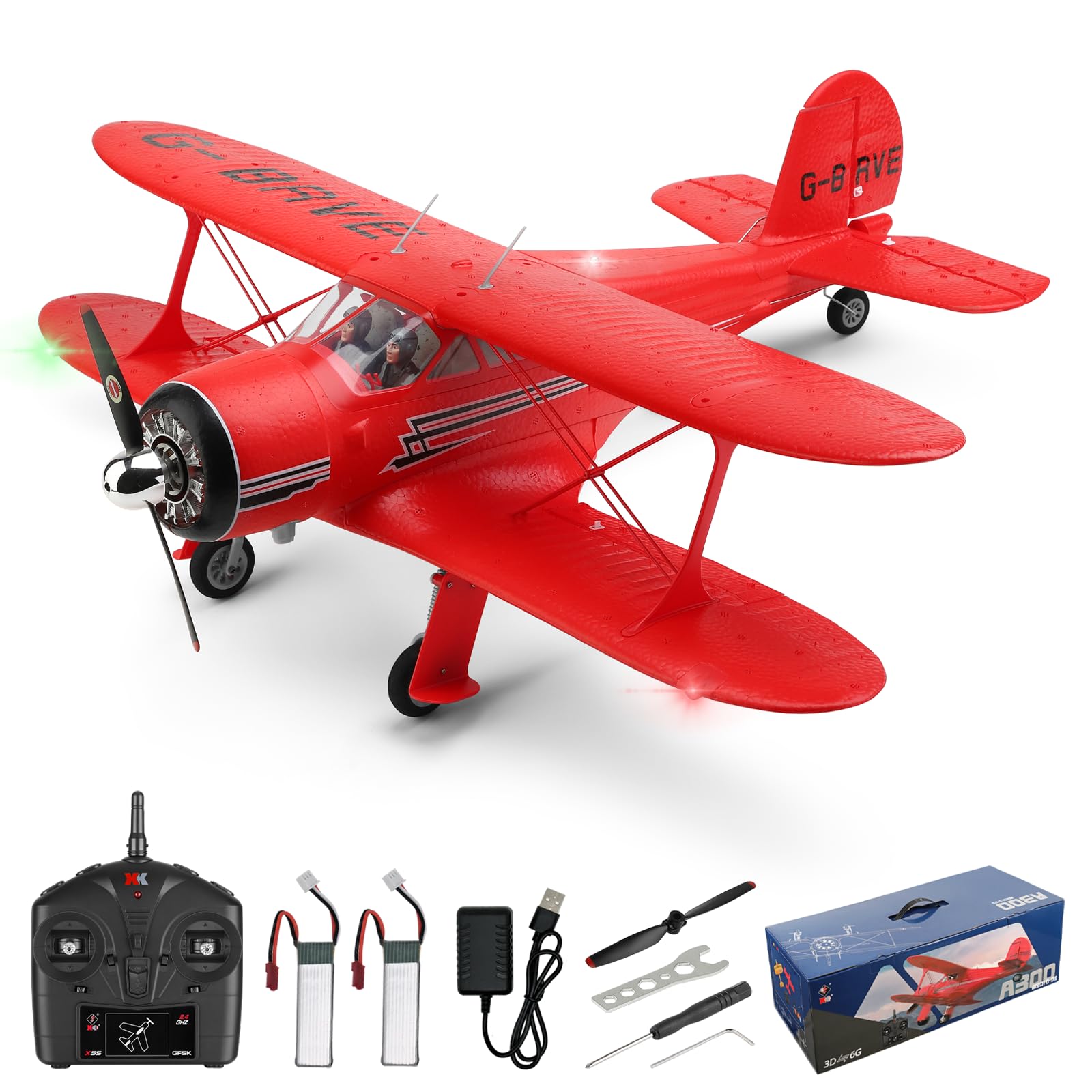 WLtoys A300 4-Channel RC Plane - Beechcraft D-17 Model with LED Lights, 6G/3D Brushless Motor, 2.4G Remote Control & 2 Batteries - Perfect RC Airplane Gift for Adults - Ideal for Outdoor Flying, Hobbyist Collections & Aerial Photography