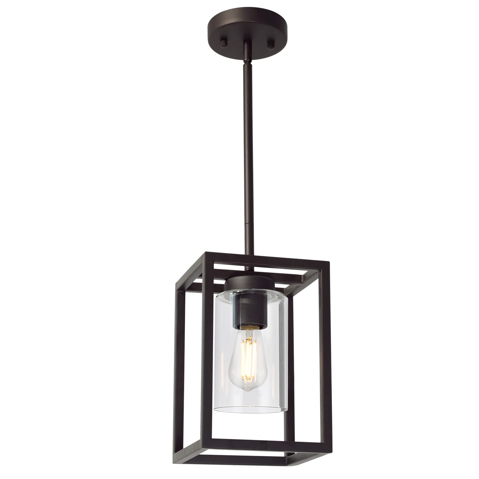 VINLUZ Modern 1-Light Cage Kitchen Island Pendant Light with Glass Shade, Oil Rubbed Bronze Chandelier for Dining Room, Bedroom, Hallway - Semi Flush Mount Ceiling Lighting Fixture for Kitchen, Living Room & Entryway