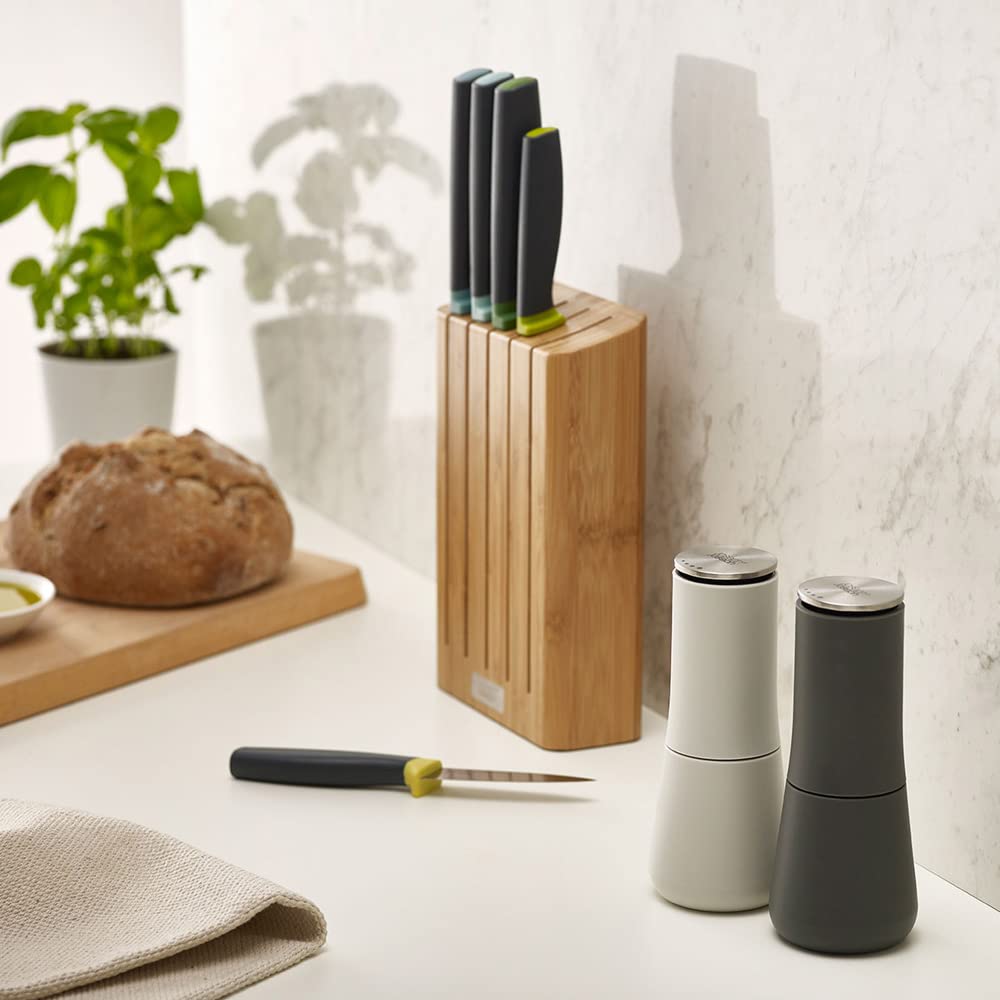 Joseph Joseph Milltop Adjustable Salt and Pepper Grinder Set - Dark Gray & White 2-Piece Spice Mill for Kitchen, Dining Table, and Outdoor Cooking - Coarse to Fine Grind Control