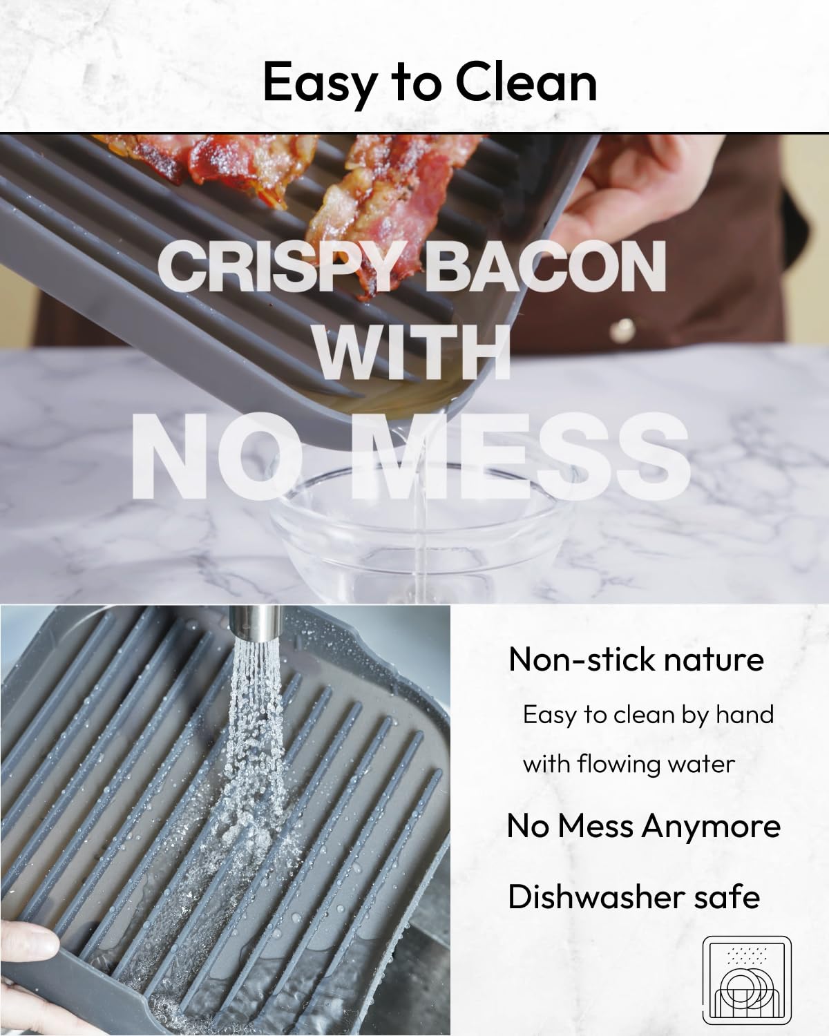 JILLMO Large Silicone Bacon Cooker Tray for Microwave Oven - Grey | Perfect for Quick & Easy Breakfast, Camping & Keto Diet Meals
