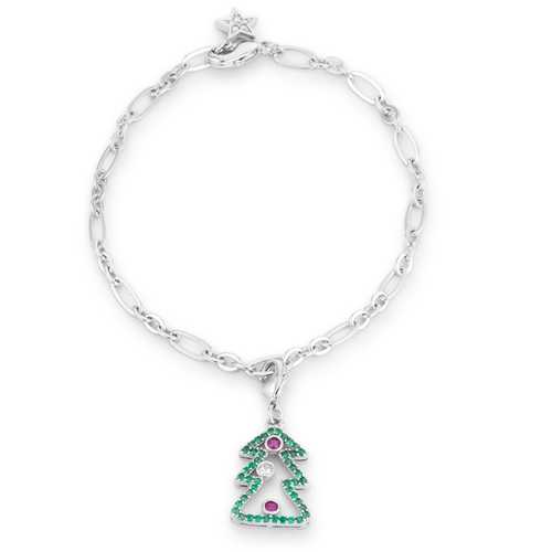 0.35ct CZ Christmas Tree Charm Bracelet in Rhodium - Elegant Holiday Jewelry Gift for Women, Perfect for Christmas Parties & Festive Celebrations