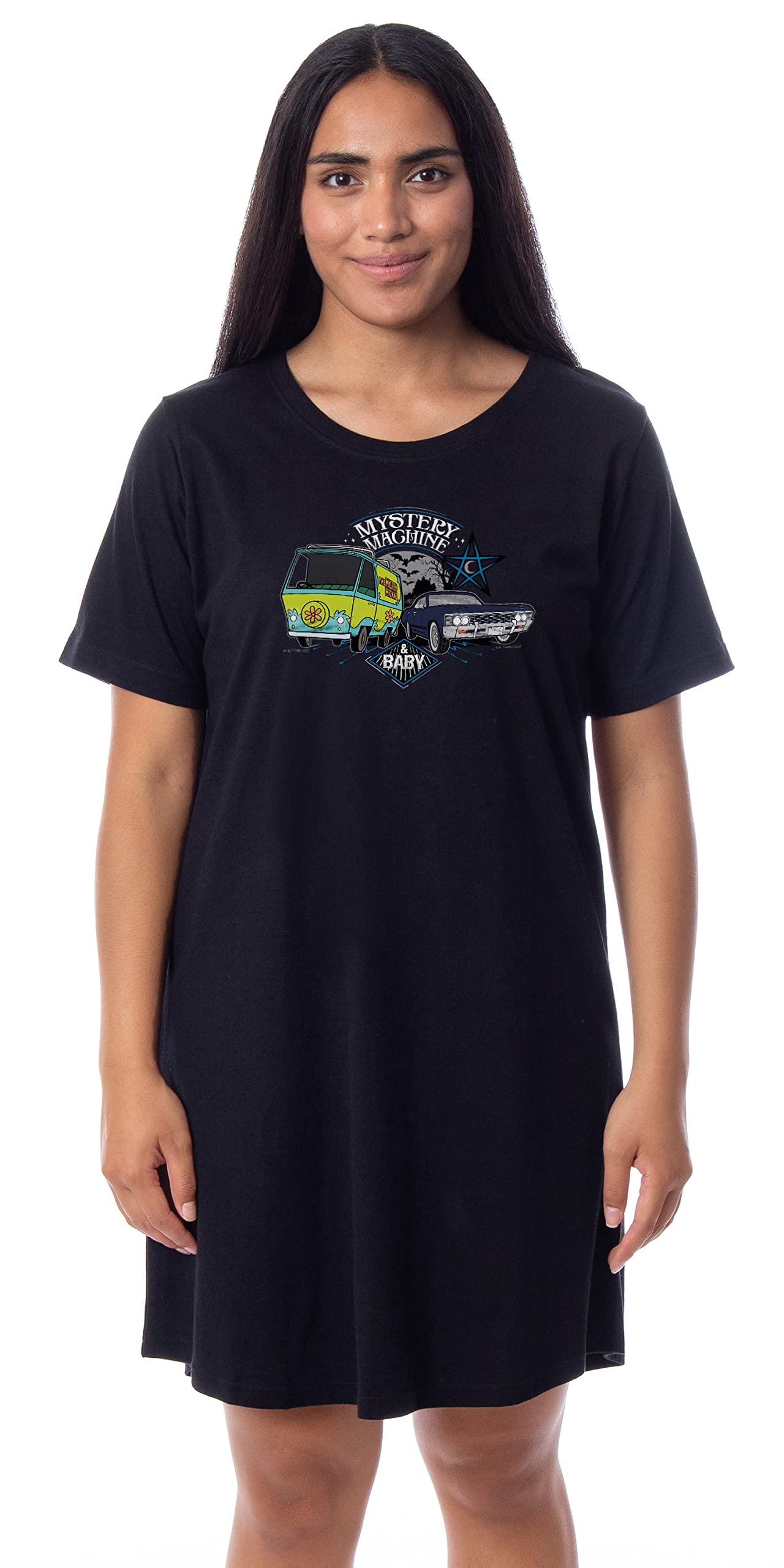 Supernatural Women's Scoobynatural The Mystery Machine 1967 Impala Baby Nightgown Sleep Pajama Shirt - Cozy Cartoon Character Pajamas for Women, Perfect for Halloween Costume, Sleepwear & Lounge Wear