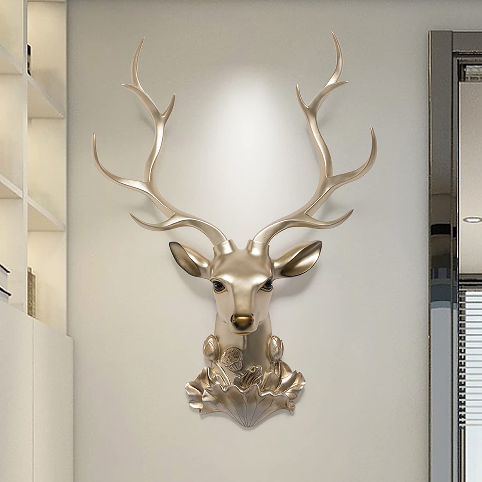 Faux Resin Deer Head Wall Decor - Gold Antler Wall Sculpture for Home, Bar & Office (44x61cm) | Elegant Animal Head Statue for Rustic, Hunting Lodge or Modern Interior Design