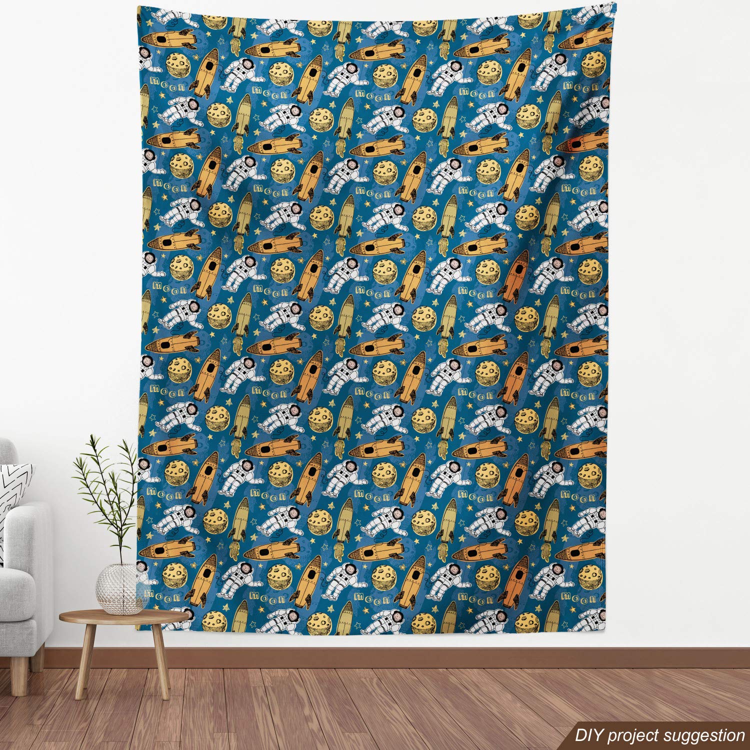 Ambesonne Astronaut Fabric by The Yard - Outer Space Rocket, Stars, Planets & Moon Landing Galaxy Print - Decorative Upholstery Fabric for DIY Home Decor, Curtains, Pillows & Crafts - 10 Yards, Dark Sky Blue & Apricot - Perfect for Space-Themed Bedrooms, Kids Rooms & Sci-Fi Decor