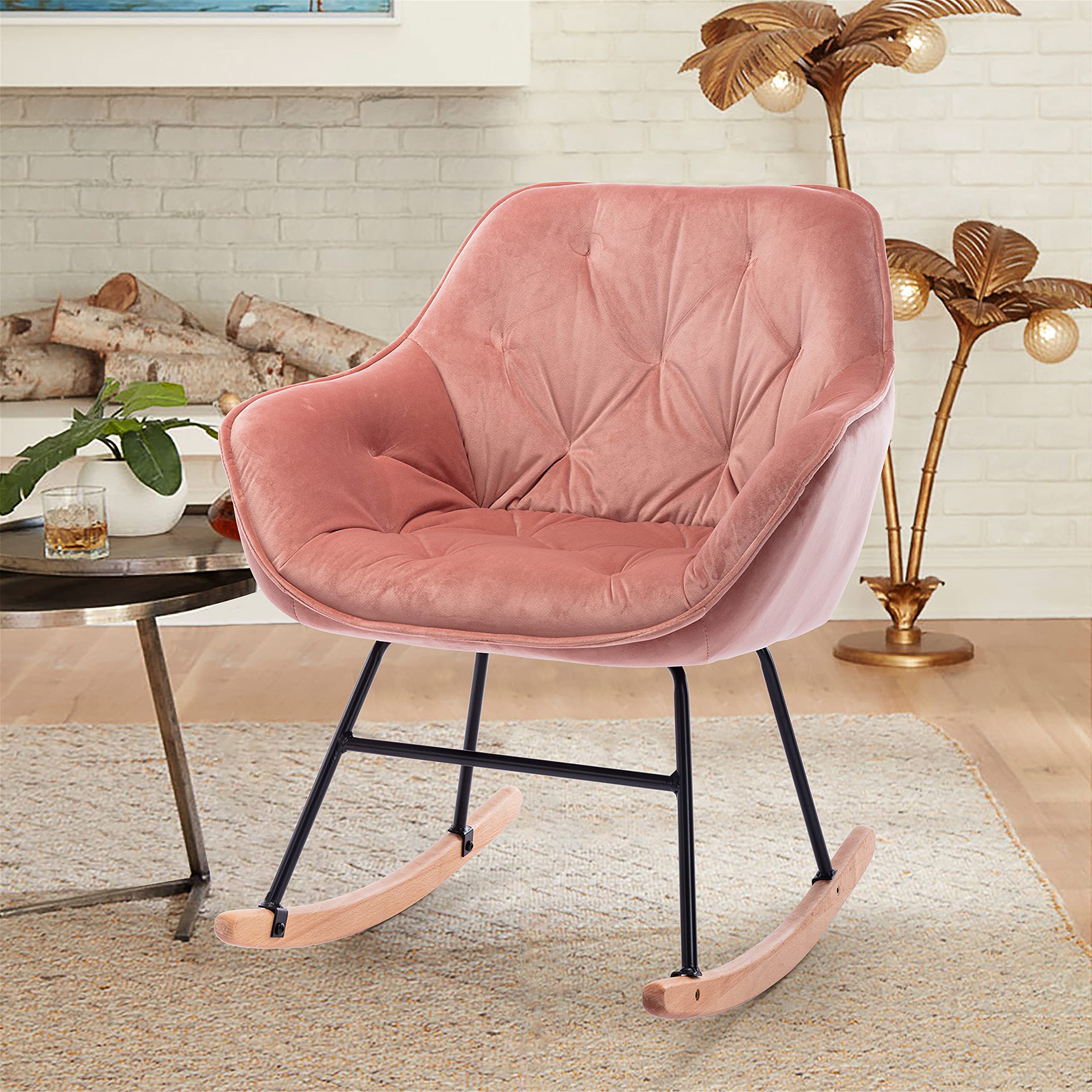Velvet Tufted Upholstered Rocking Chair with Wood Base - Modern Accent Armchair for Living Room, Nursery & Home Office - Comfortable Padded Seat Rocker in Pink - Perfect for Relaxing, Reading & Breastfeeding