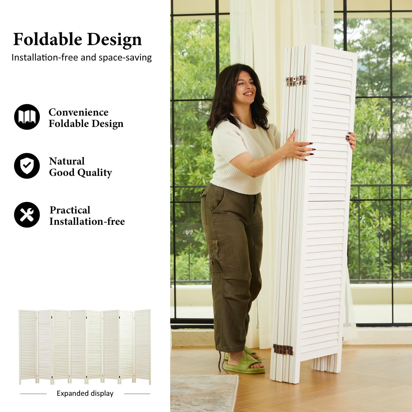 Wooden Room Dividers & Folding Privacy Screens - 8 Panel Louvered Partition Wall for Home Office, Bedroom, Studio - White Washed Finish for Modern Décor & Space Separation