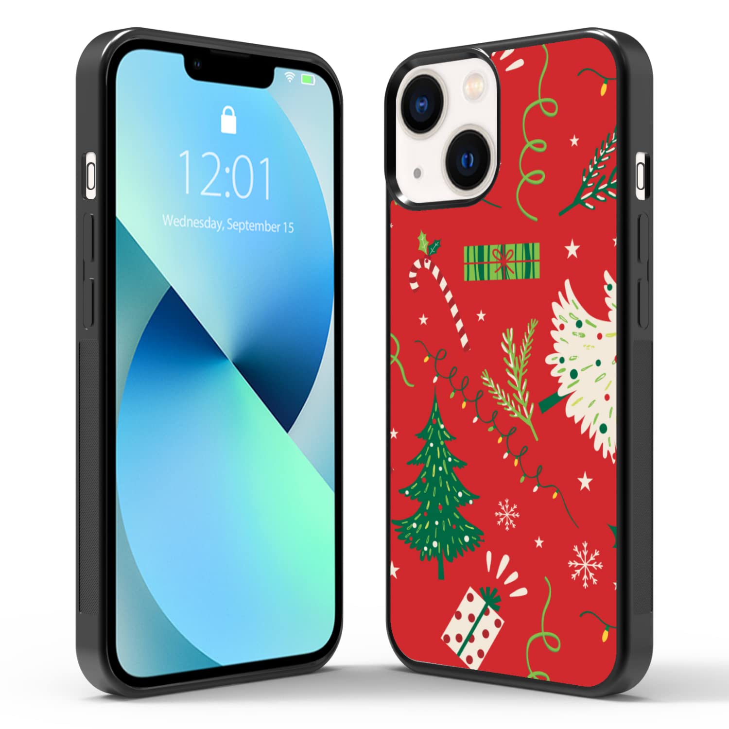 Christmas Tree iPhone 13 14 Phone Case - Shockproof Protective Cute Holiday Design for Women, Girls & Men | Perfect Gift for Xmas, Winter Parties & Festive Celebrations (Black/Red)