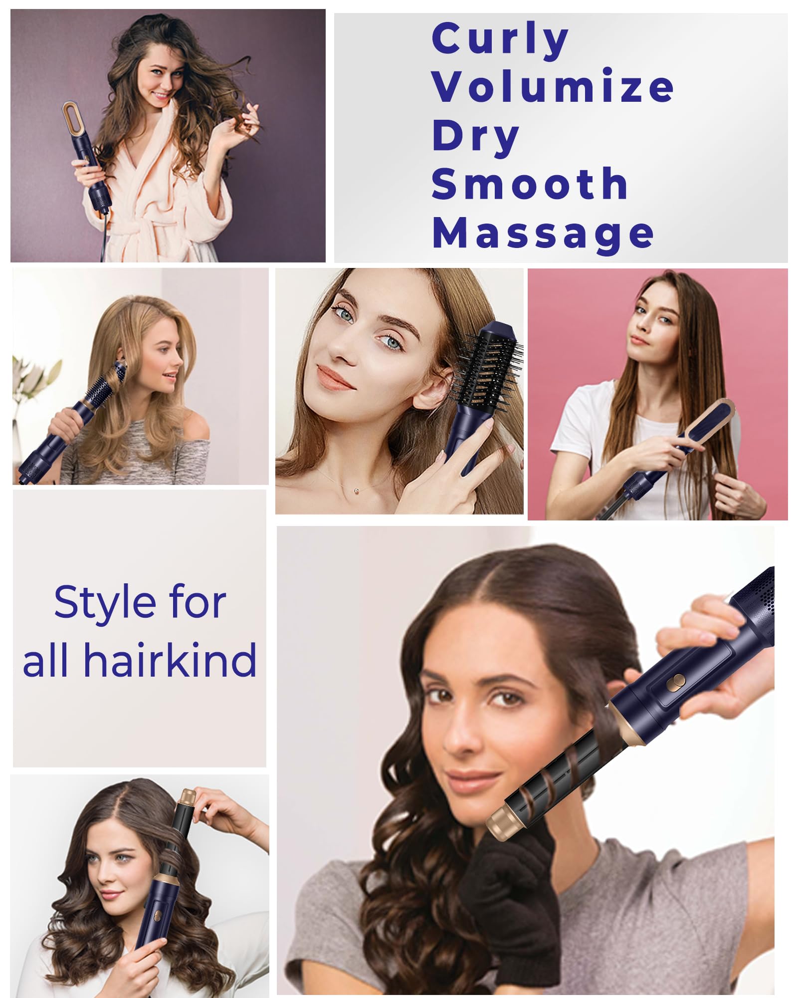 6-in-1 Detachable Hair Dryer Brush Set - Negative Ionic Hot Air Styling Tool with Round Volumizer & Curler Wand | Perfect for Salon-Quality Blowouts at Home, Travel & Daily Styling