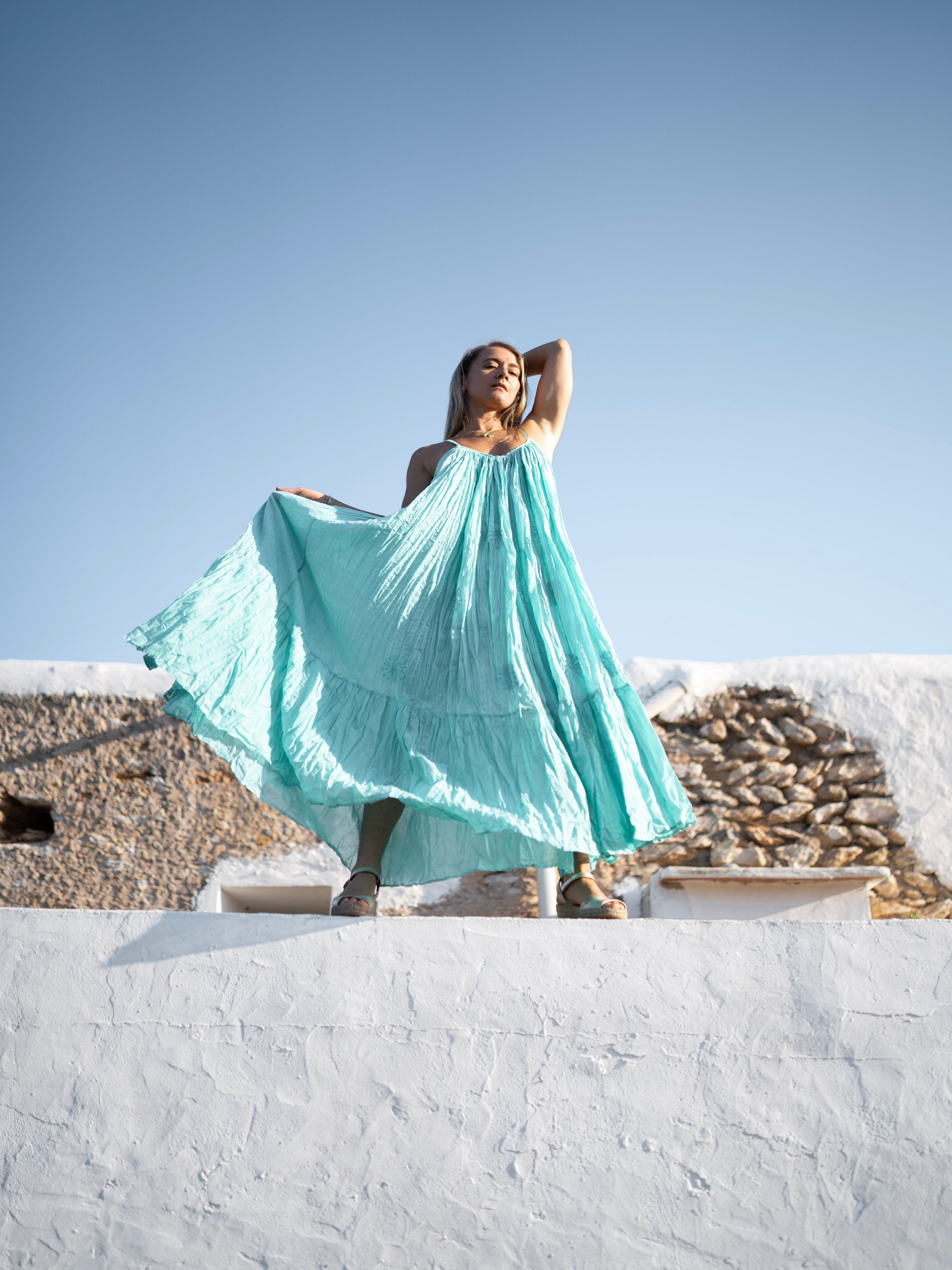 Turquoise Ibiza Bohemian Maxi Long Dress - Super Soft Organic Muslin Cotton Summer Dress in White | Perfect for Beach Vacations, Music Festivals & Boho Chic Outfits