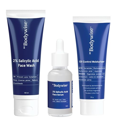 Be Bodywise Active Acne Kit for Oily Skin - 2% Salicylic Acid Face Wash, Serum & Oil Control Moisturizer | Acne Treatment for Teens & Adults | Daily Skincare Routine for Clear Skin